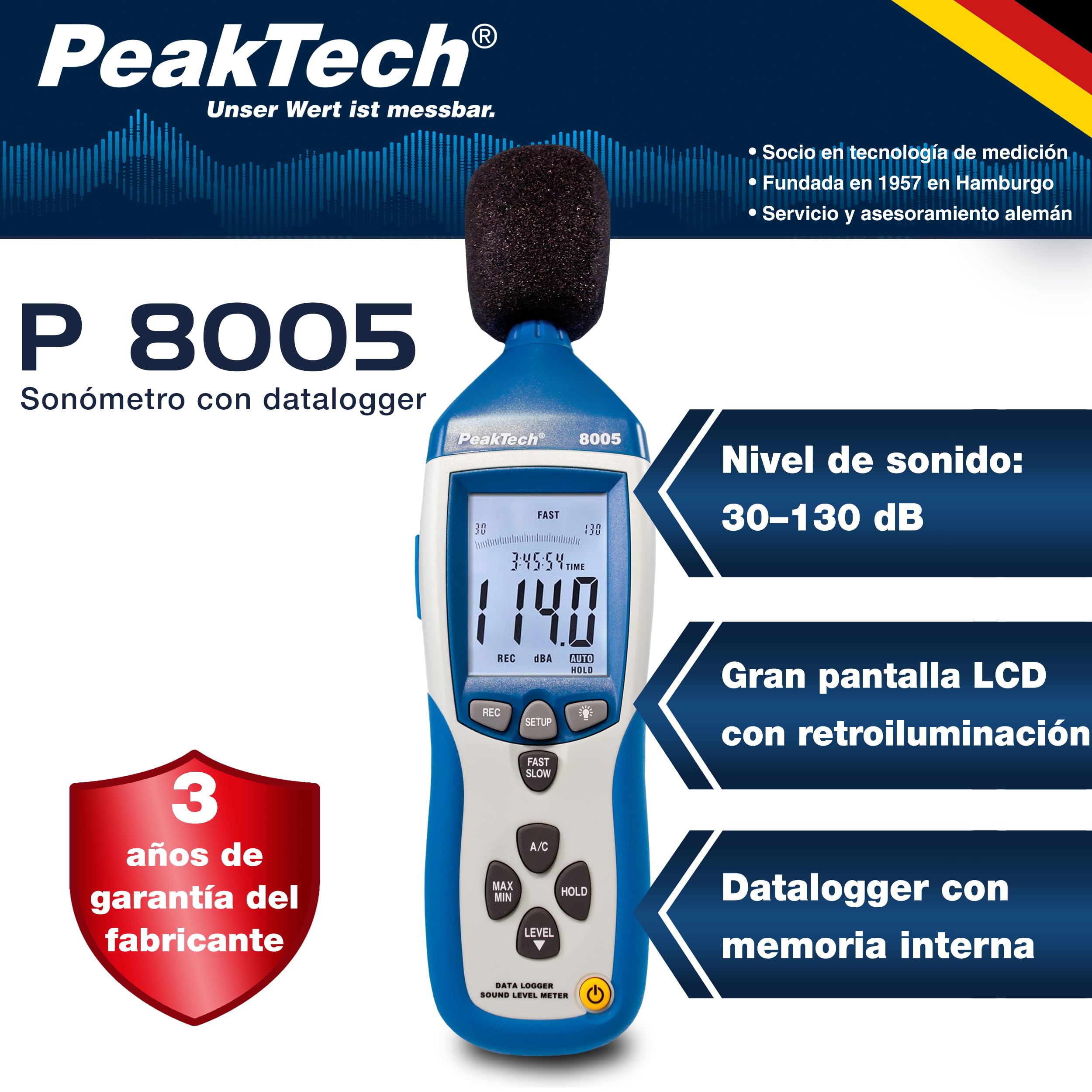 PeakTech P 8005 - Miernik poziomu dźwięku ~ 30 ... 130 dB A/C ~ z rejestratorem danych 32000 punktów i USB