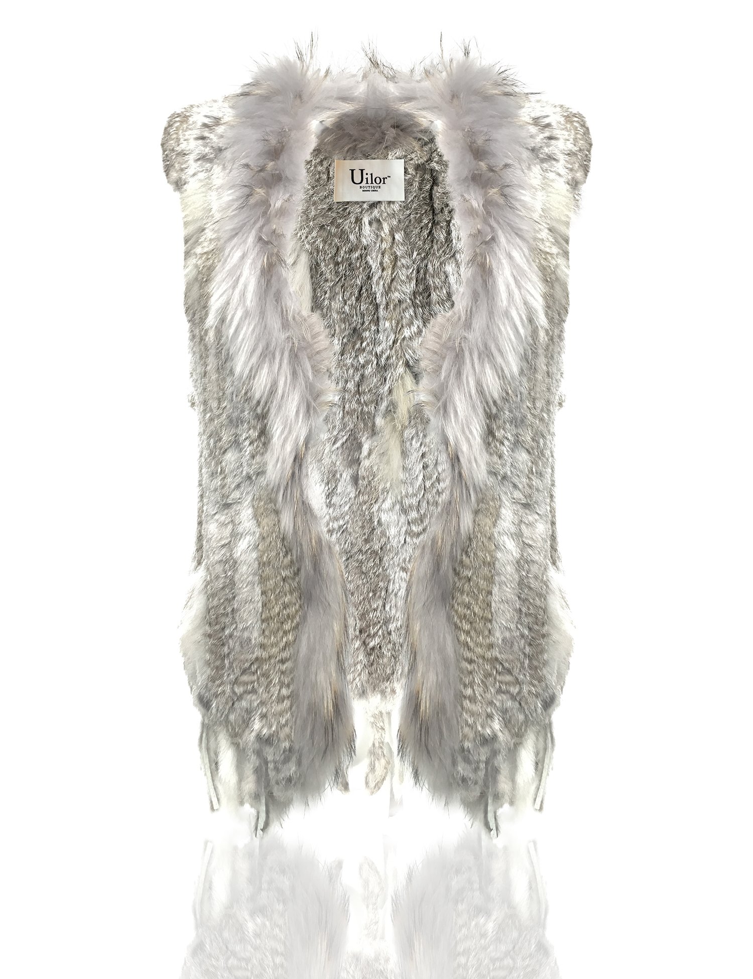 Women's 100% Natural Knit Rabbit Fur Vest With Raccoon Fur Collar