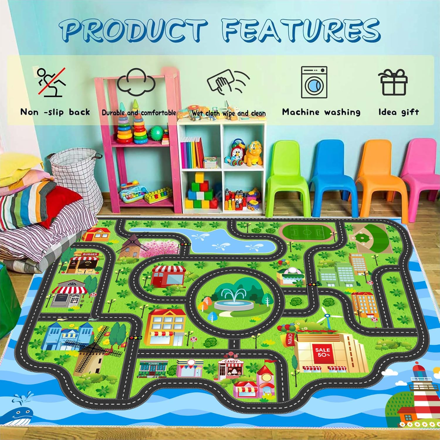 Car Rug,Kids Play Rug with Roads,Playroom Toy Car Rug, Car Track Rug City Map for Bedroom Classroom - (78.7X59 Inches)