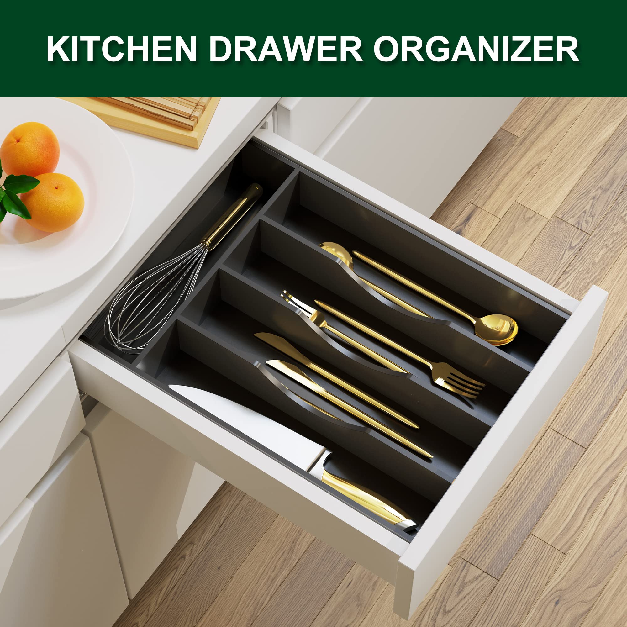Bellsal Czarny organizer na przybory, 25 cm, srebrna taca do szuflad, uchwyt na przybory kuchenne, organizer do szuflad, 5 przegródek, mały wąski bambus