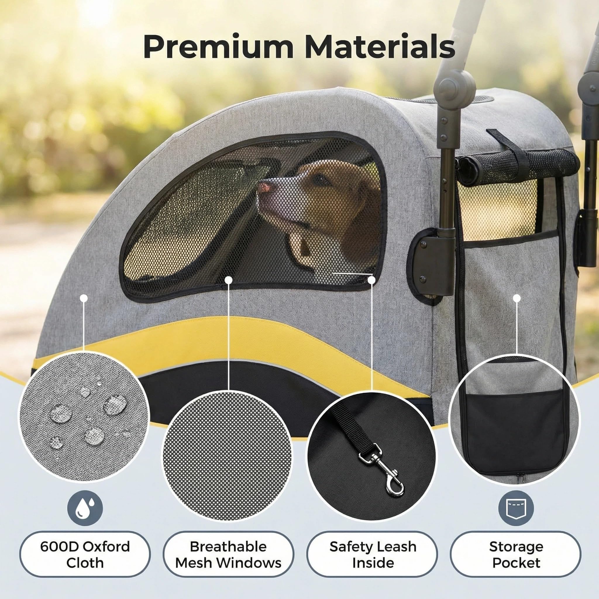 Garvee Poussette robuste pour grand chien jusqu'à 72 kg – Chariot tout-terrain pliable, roues 360°, double entrée, maille respirante, poignée réglable, rangement facile à laver – Jaune, 90×73×108cm