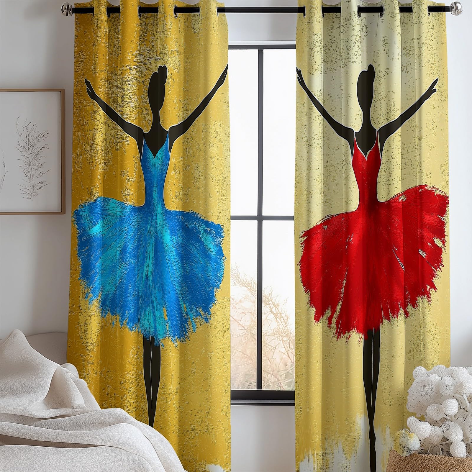 Bemalte Balletttänzerin Verdunklungsvorhänge Kinderzimmer Junge Mädchen, Golden Polyester Blickdichte Vorhänge H 138 x B 117 cm 2er Set Gardinen mit Ösen Wohnzimmer Fensterdekoration
