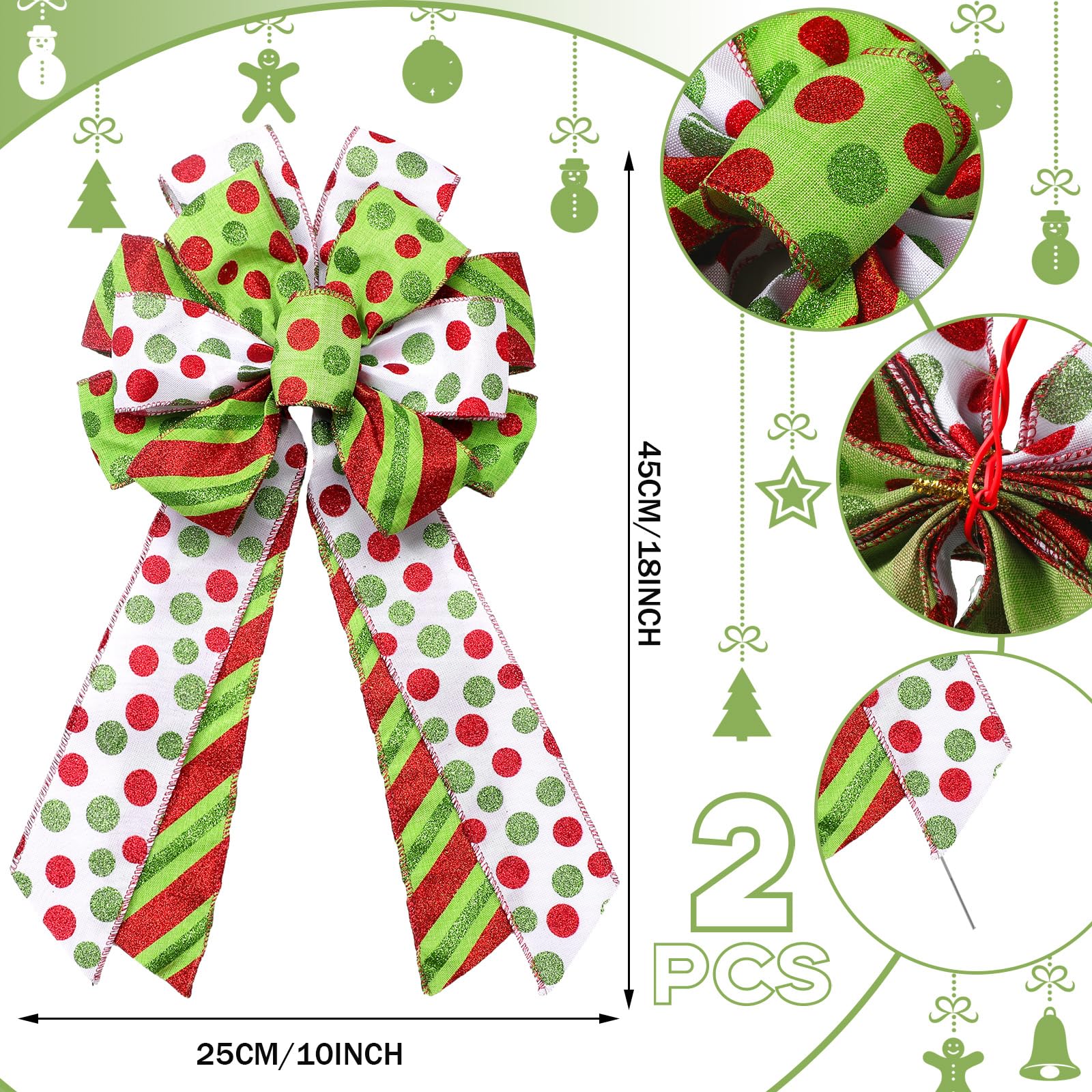 Crowye 2-Pack Christmas Wreath Bows - 10x18 Inch Red & Green Polka Dot Tree Topper Bows For Holiday Decor