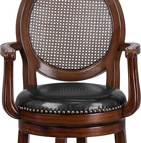 Miniatura 8 de Flash Furniture Victor Taburete de bar de madera Expresso de 30 pulgadas de alto con brazos, respaldo de ratán tejido y asiento giratorio
