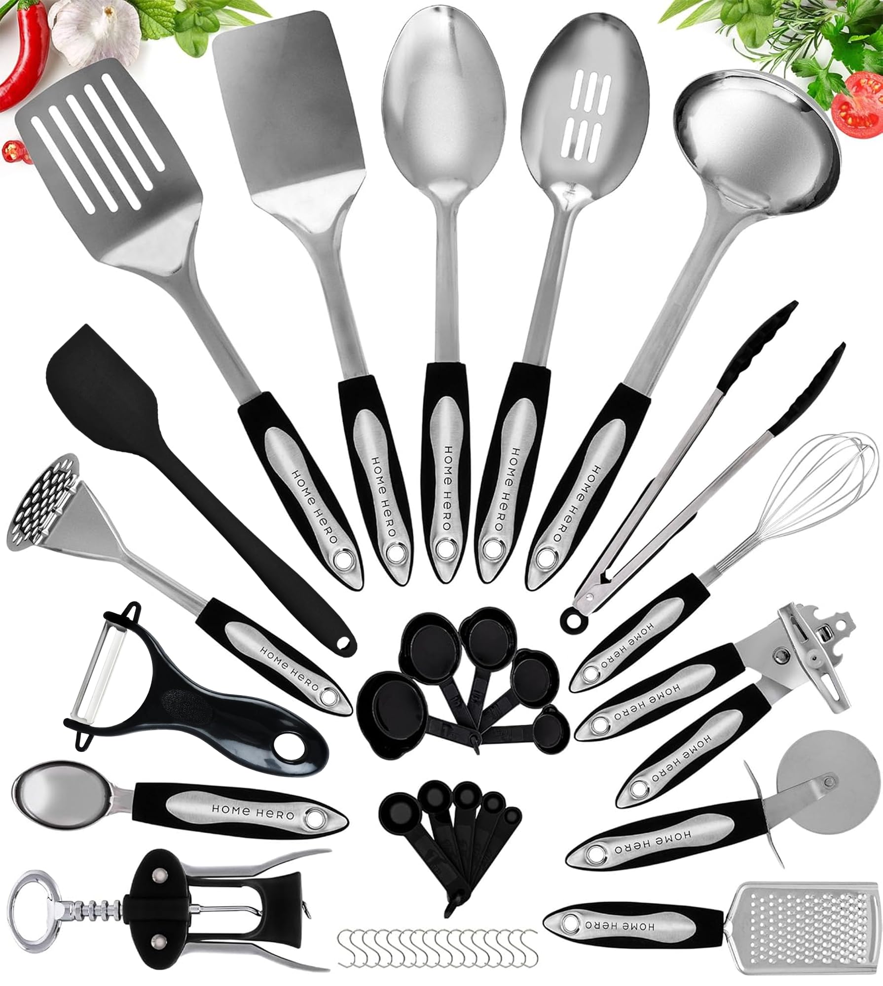 Home Hero Set Ustensiles de Cuisine Anti Adhésif Résistant (Ustensiles en inox, 40 pièces)