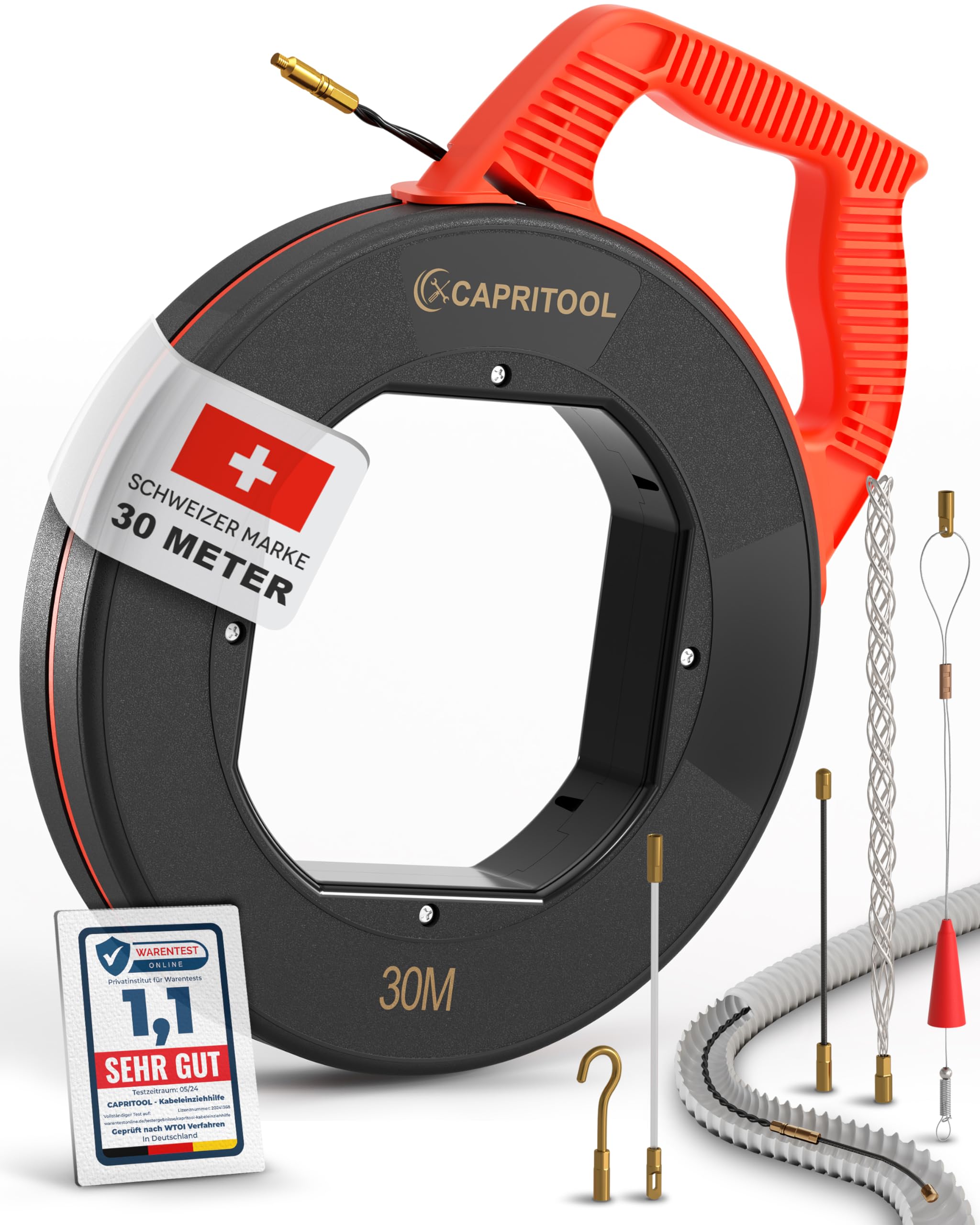 Kabeltrekhulp, 30 m, nylon trekspiraal met trekveer, intrekhulp voor