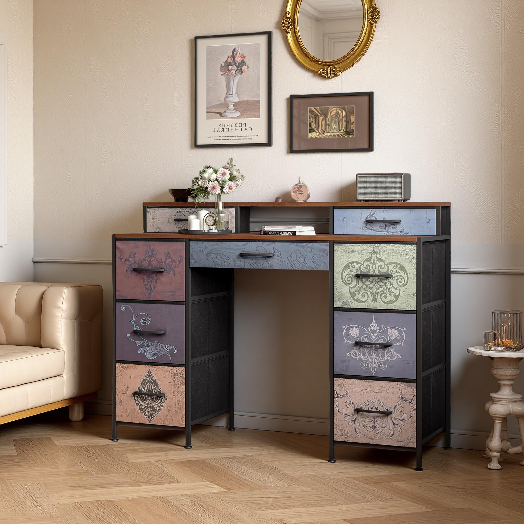 Tavolo da toeletta in legno con 8 cassetti, scrivania con cassetto e deposito in stile industriale, tavolo da trucco vintage senza specchio, mobile multiuso per camera da letto o ufficio (legno, 121 x