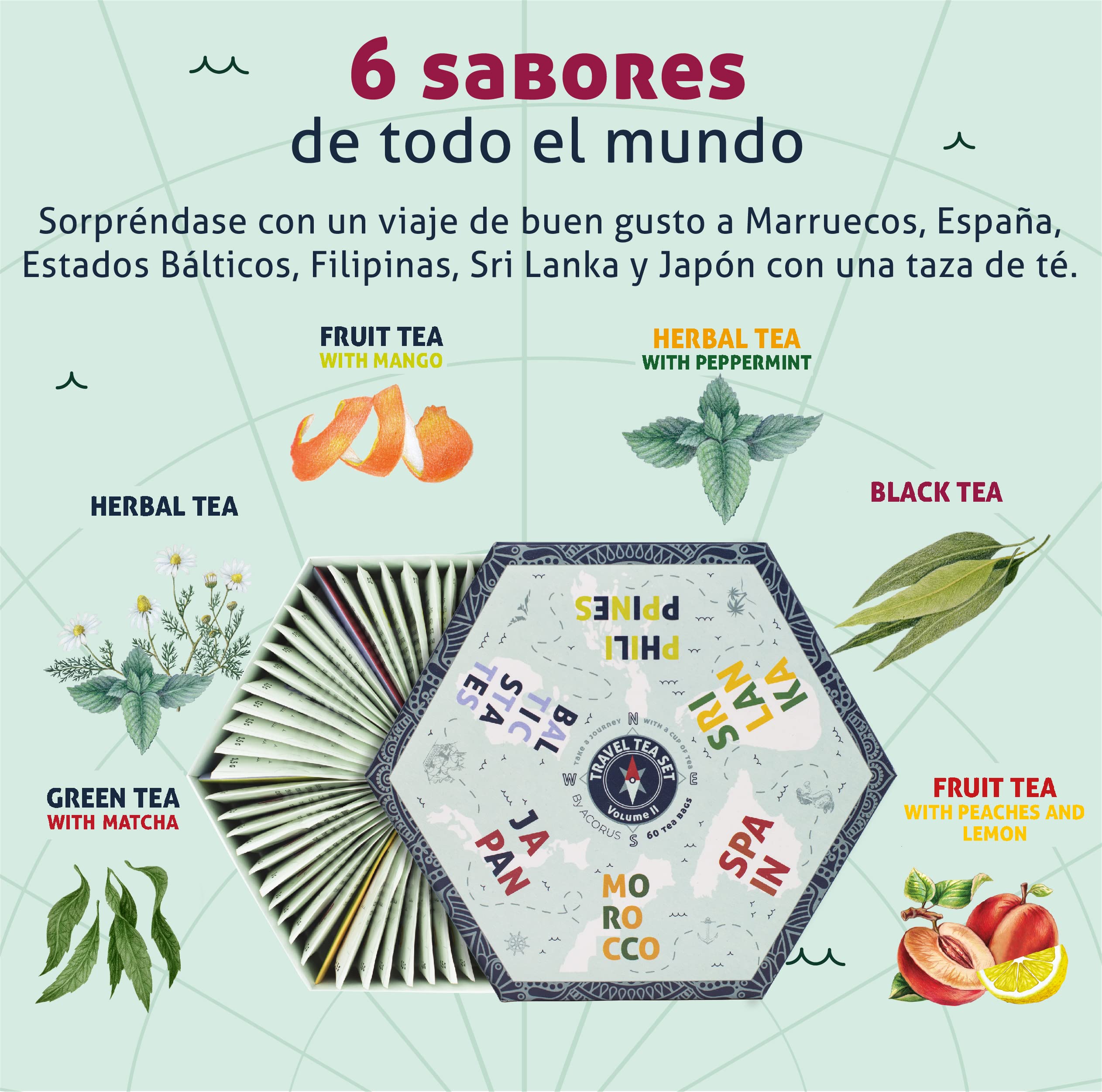 ACORUS Surtido de Te de Viaje vol. II Caja Regalo 6 Sabores 60 Bolsitas