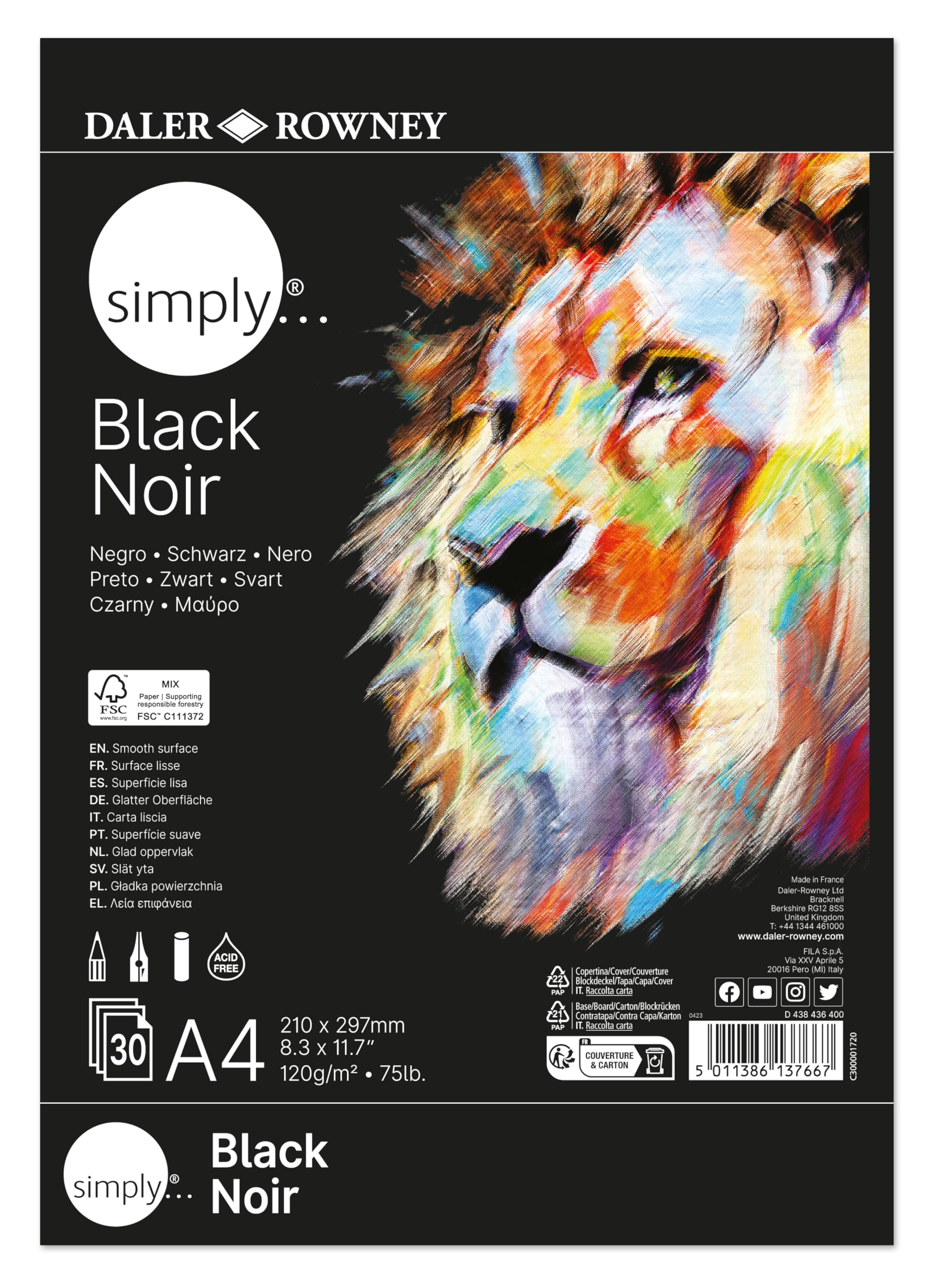 Daler-Rowney Simply Colour Drawing & Sketching Paper Pad, A4, 120gsm, 30 Black Sheets, for Entry-Level Artists & Hobbyists