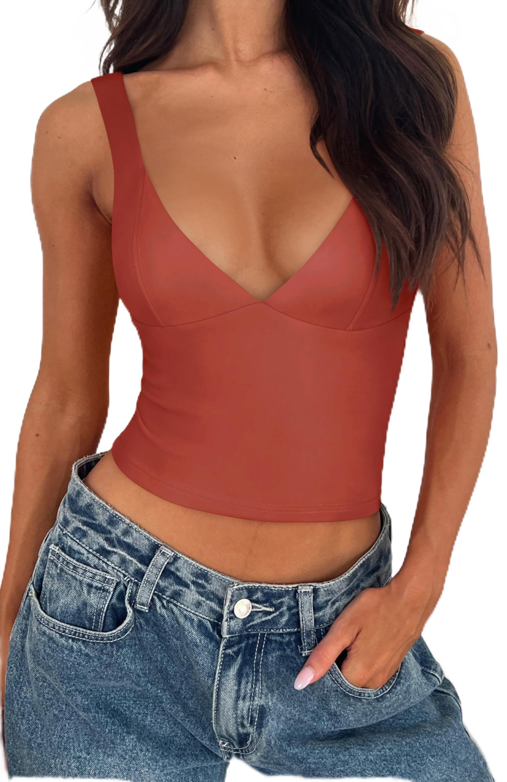 REORIA Women's Summer Sexy Deep V Neck Sleeveless Slim Fit Trendy Y2k Corset Cami Crop Tank Tops