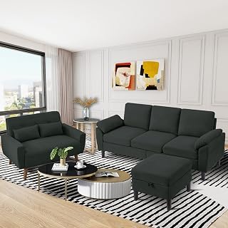2 Piece Sectional Sofa Set, 3-Seat Small L Shaped Couch with Storage Ottoman and 2 Seat Loveseat Sofa Set Polyester Fibre for Living Room, Black
