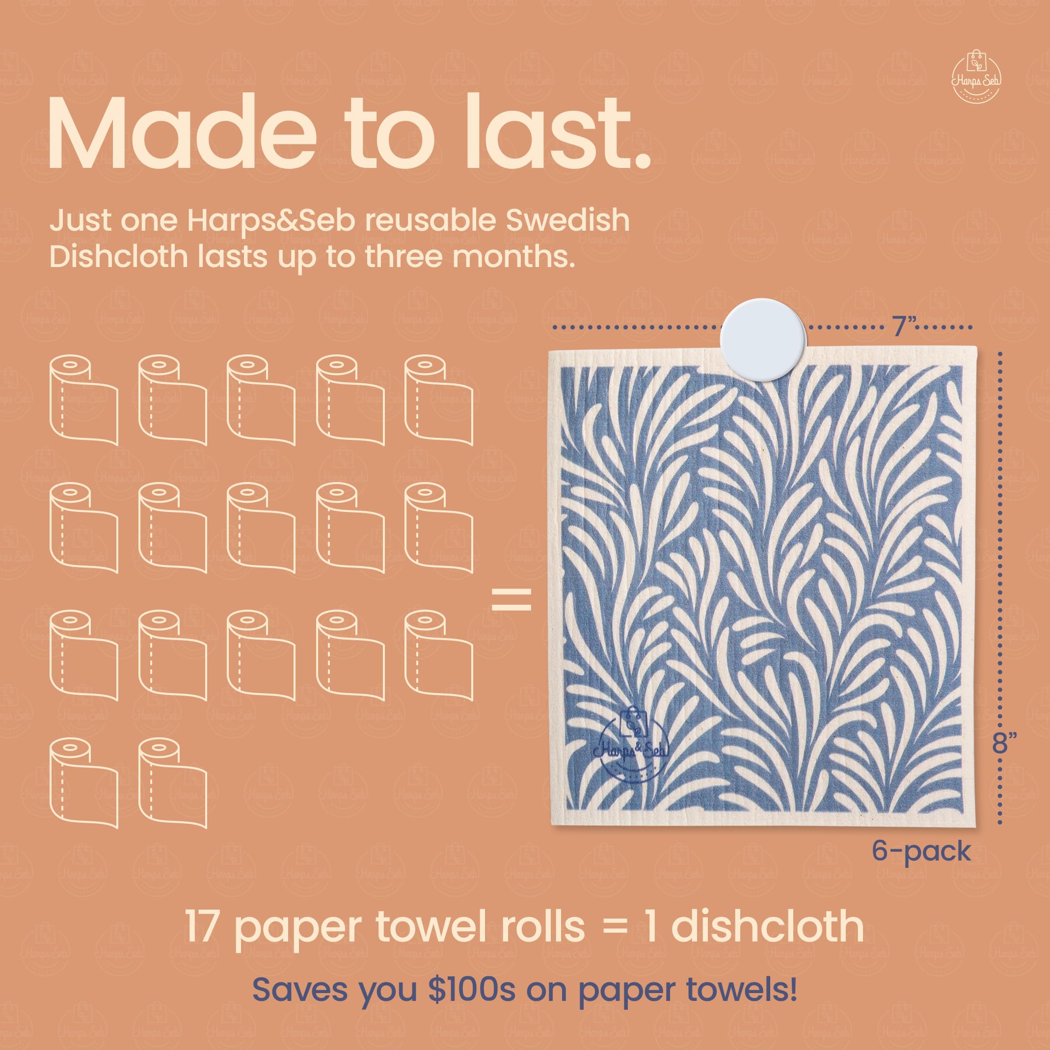 Harps&Seb Paños de cocina suecos para cocina, paquete de 6, toallas de papel reutilizables con clips, súper absorbentes, lavables, antiarañazos, sin olor, biodegradables