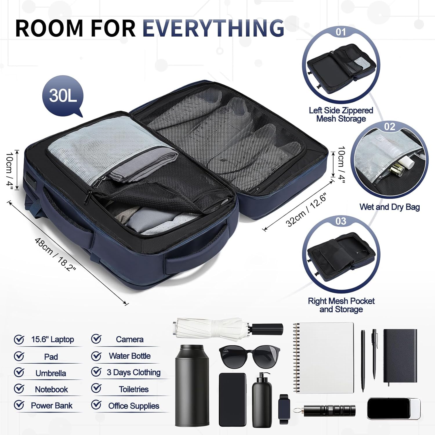 Lay Flat Carry on Travel Backpack, 30L Airline Approved, Fits 16" Laptop, USB-C & USB-A, Water Resistant, Gray