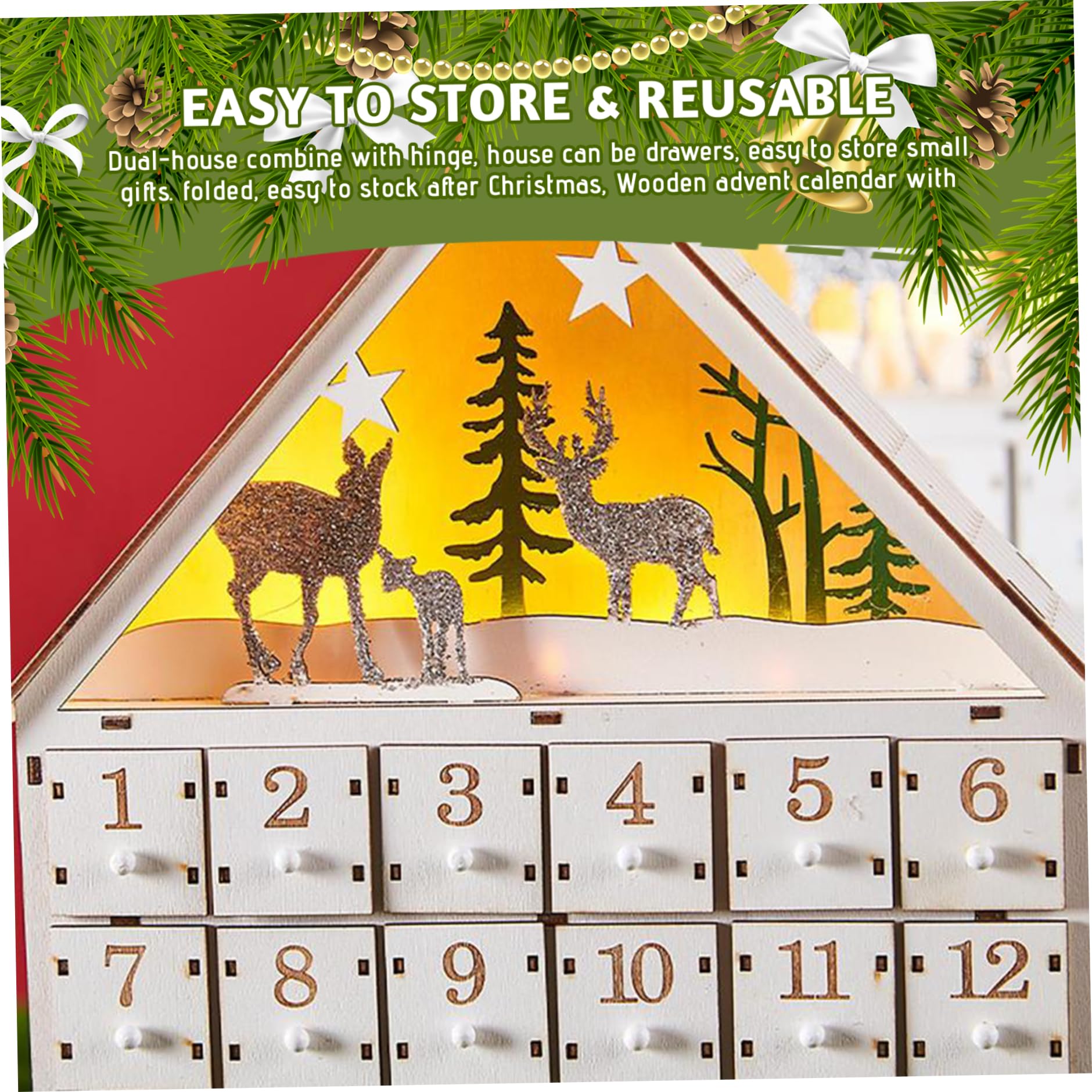 Calendario de Adviento de madera con cajones y luces LED cuenta regresiva de 24 días calendarios de Adviento vacíos pa