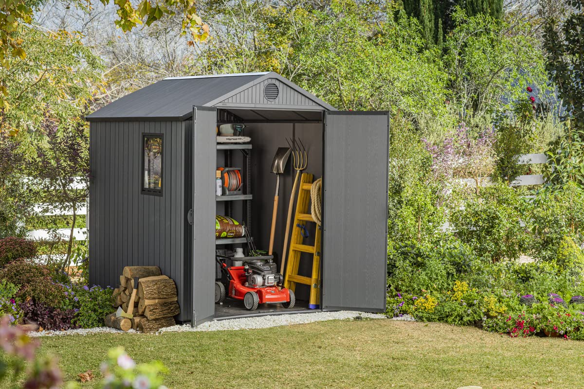 Keter Darwin Caseta de Jardín Exterior Gris, 190x183x221. 3,3m2, Efecto Madera, Resistente a UV, con Ventilación (6x6)