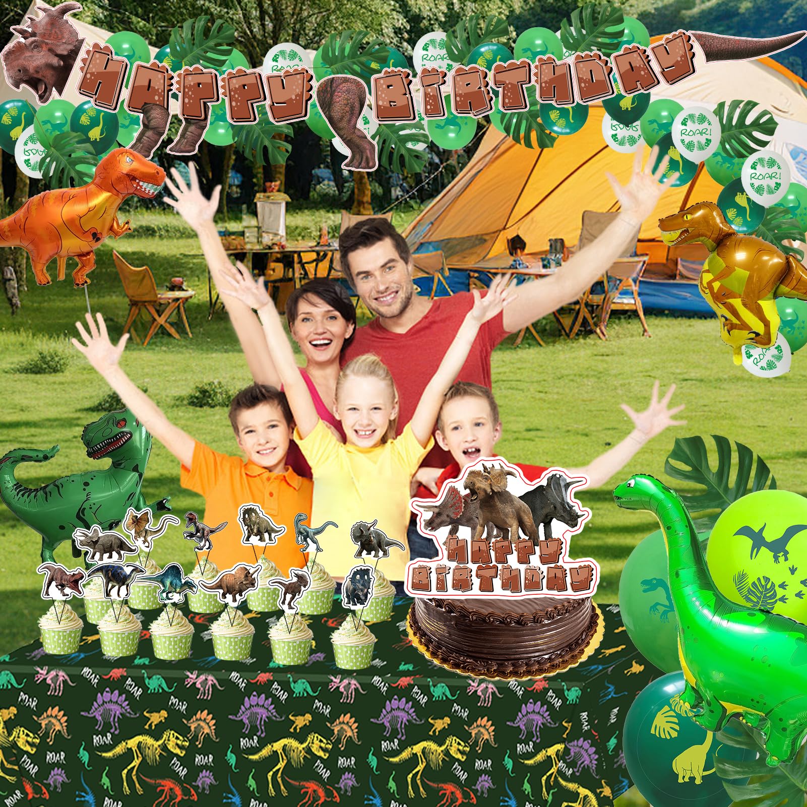 194 Pc Dinosaur Birthday Party Decorations Kit - Plates, Banner, Balloons, Cupcake Toppers & More
