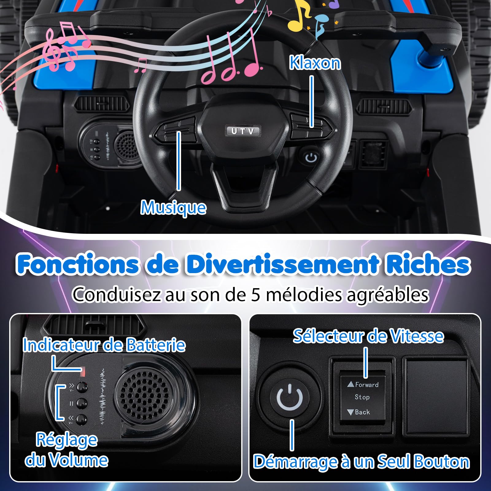 DREAMADE Tracteur Électrique Enfant 12V avec Remorque Détachable, Télécommande Parentale 3 Vitesses, Suspensions, Lumières LED & Musique, Voiture à Batterie pour Enfants 3+ Ans (Bleu)