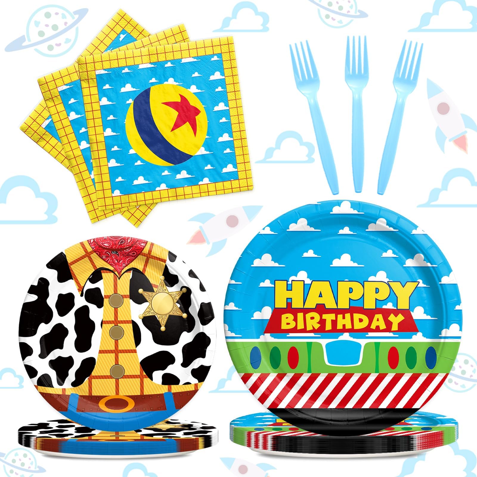 Party Inspo Cartoon Birthday Party Supplies for Boys Tableware Set, Toy Inspired Story Themed Decorations, Blue Cloud Plates, Napkins, Forks, Serves
