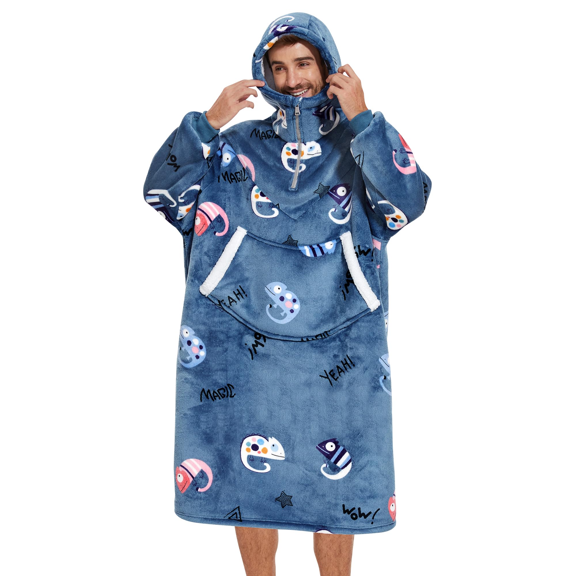 Travel Blanket Flannel Foldable Wearable Blanket with Hood Giant Zippered Pocket Super Soft Cozy for Couch Lovers One Size Fits All Woman Man