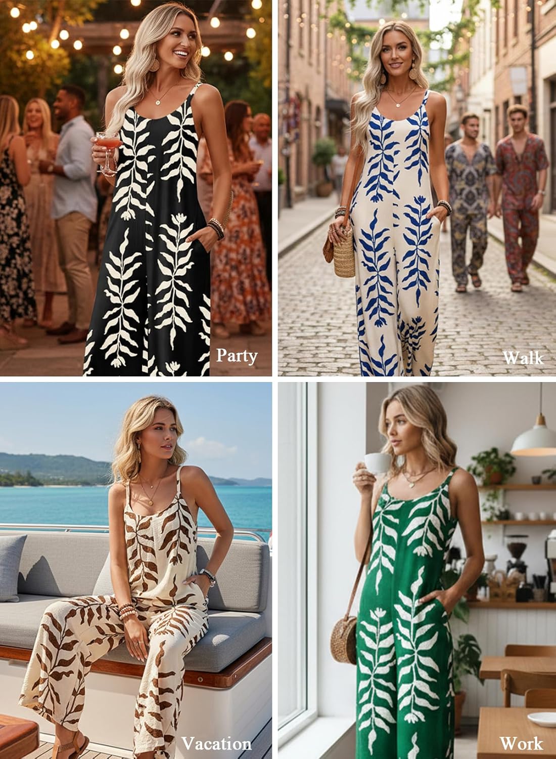 BLENCOT Women's Summer Jumpsuits Sleeveless Spaghetti Straps Boho Printed Wide Leg Pants Rompers with Pockets - Image 2