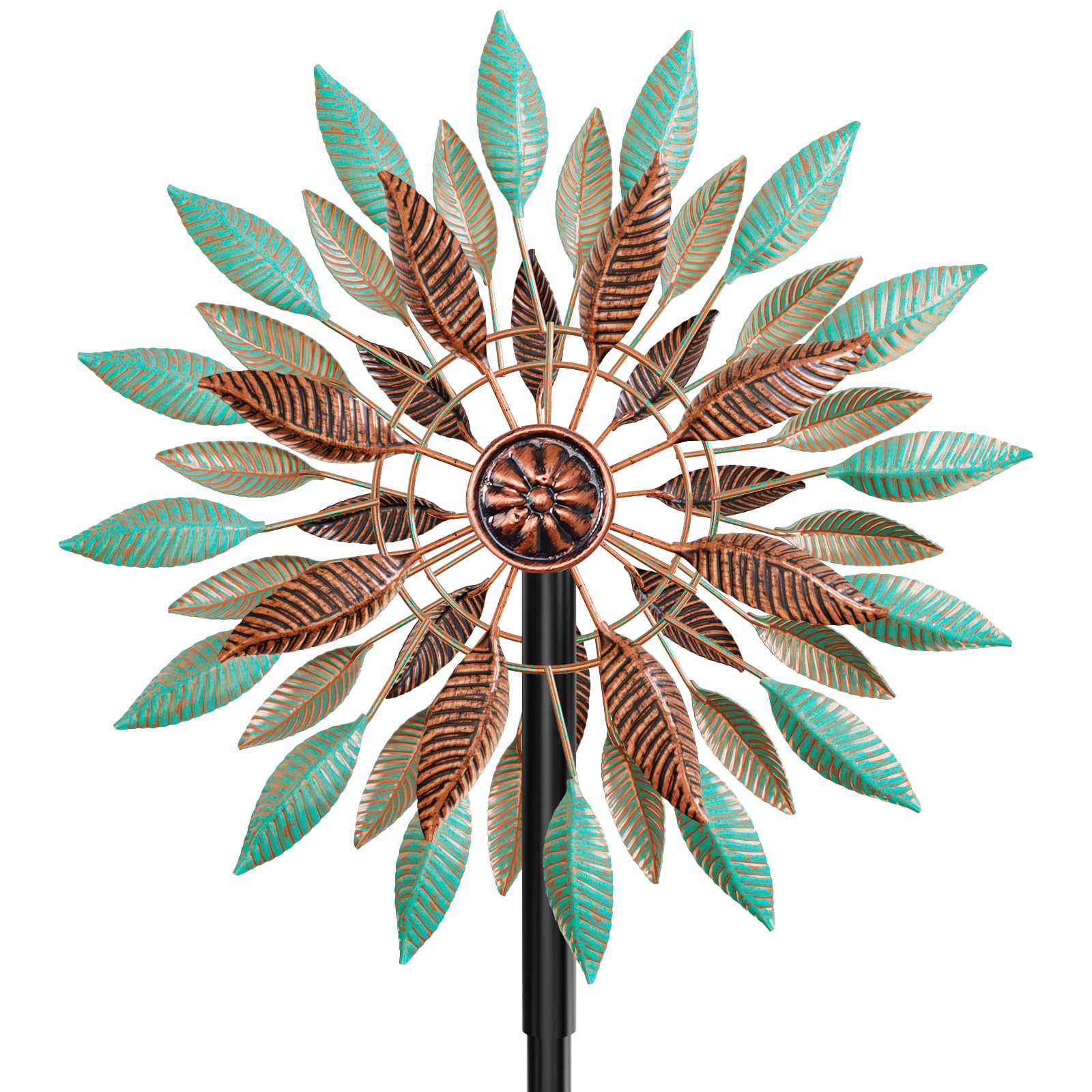 Wind Spinner Sculpture Cinétique Métallique, Déco Jardin Extérieur à Rotation, Hauteur Ajustable avec Socle à 5 Branches, Résistant à la Rouille, Grand Format (Vert + Brun)