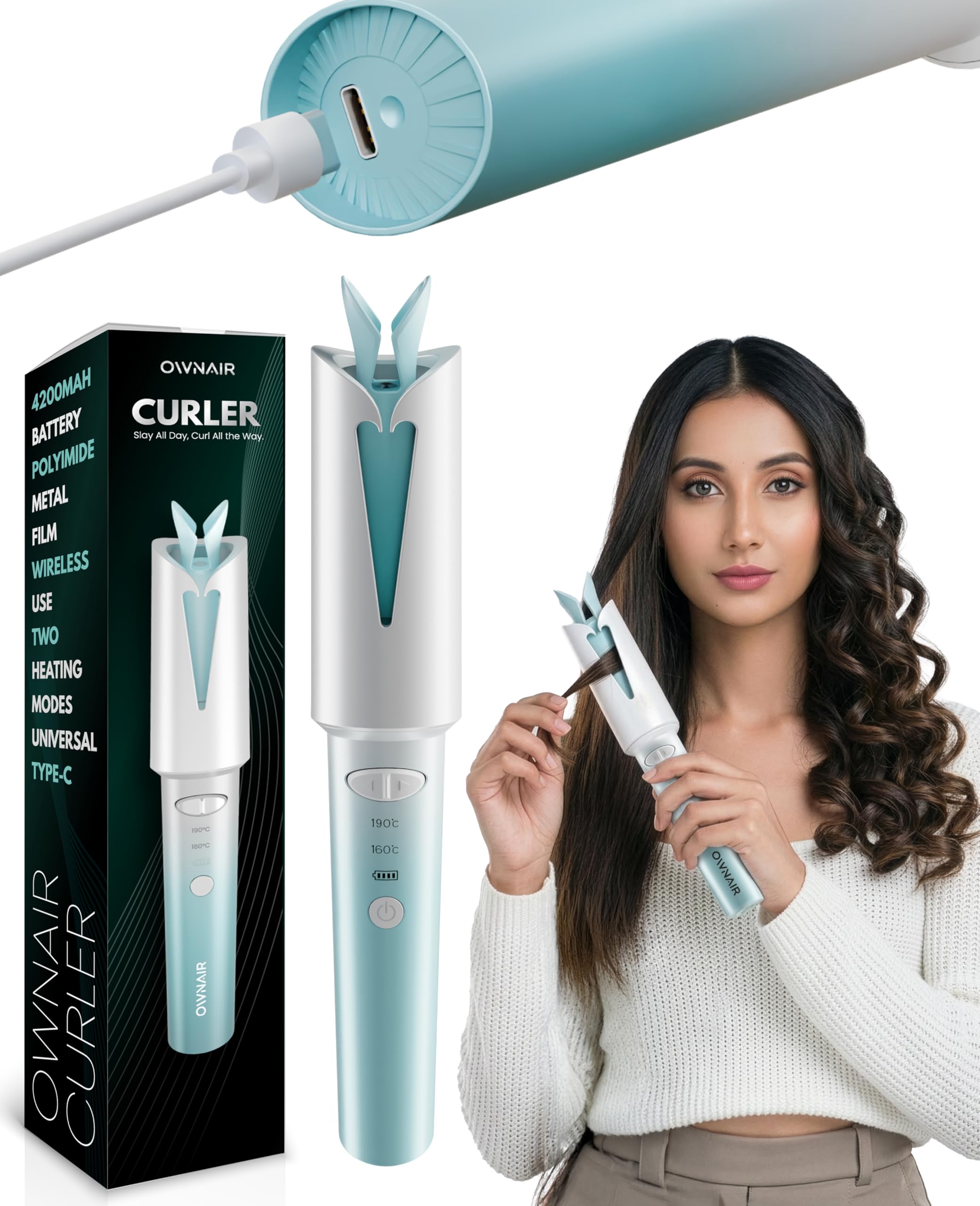 Ownair Automatic Hair Curler for Women, Cordless Auto Hair Curler, 4200 mAh Rechargeable Battery, USB C Fast Charging, Left & Right Curl Modes, 160°C & 190°C Temperature Settings, Portable Curling Iron for Salon Quality Curls