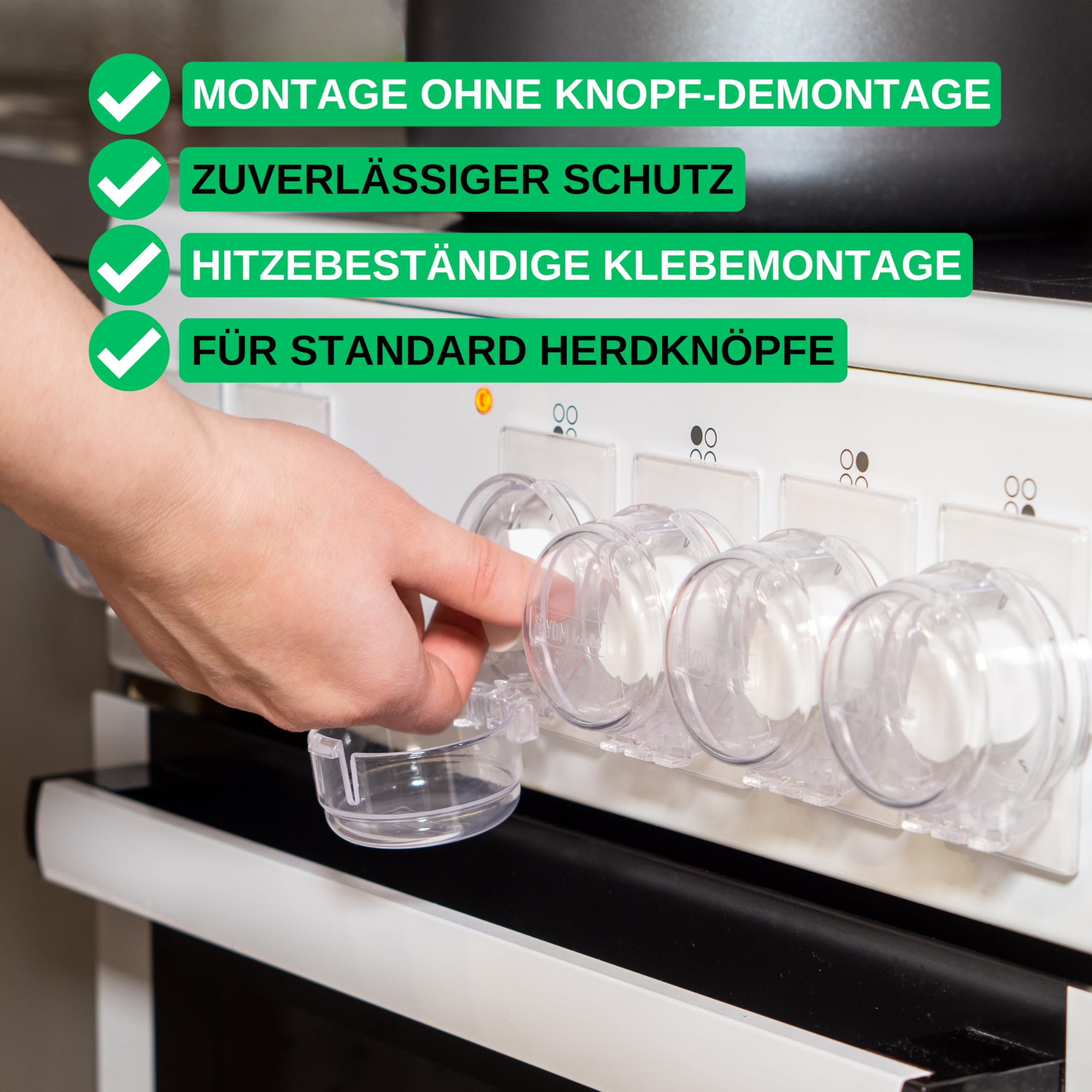 Herd Kindersicherung Set, für 6 Knöpfe, transparenter Kleber, mit Backofentür Babysicherung in Schwarz, für max. Ø 4,9 cm und 4 cm hohe Herdknöpfe mit min. 6,1 cm Abstand Mitte-Mitte, Herdschutz Kit