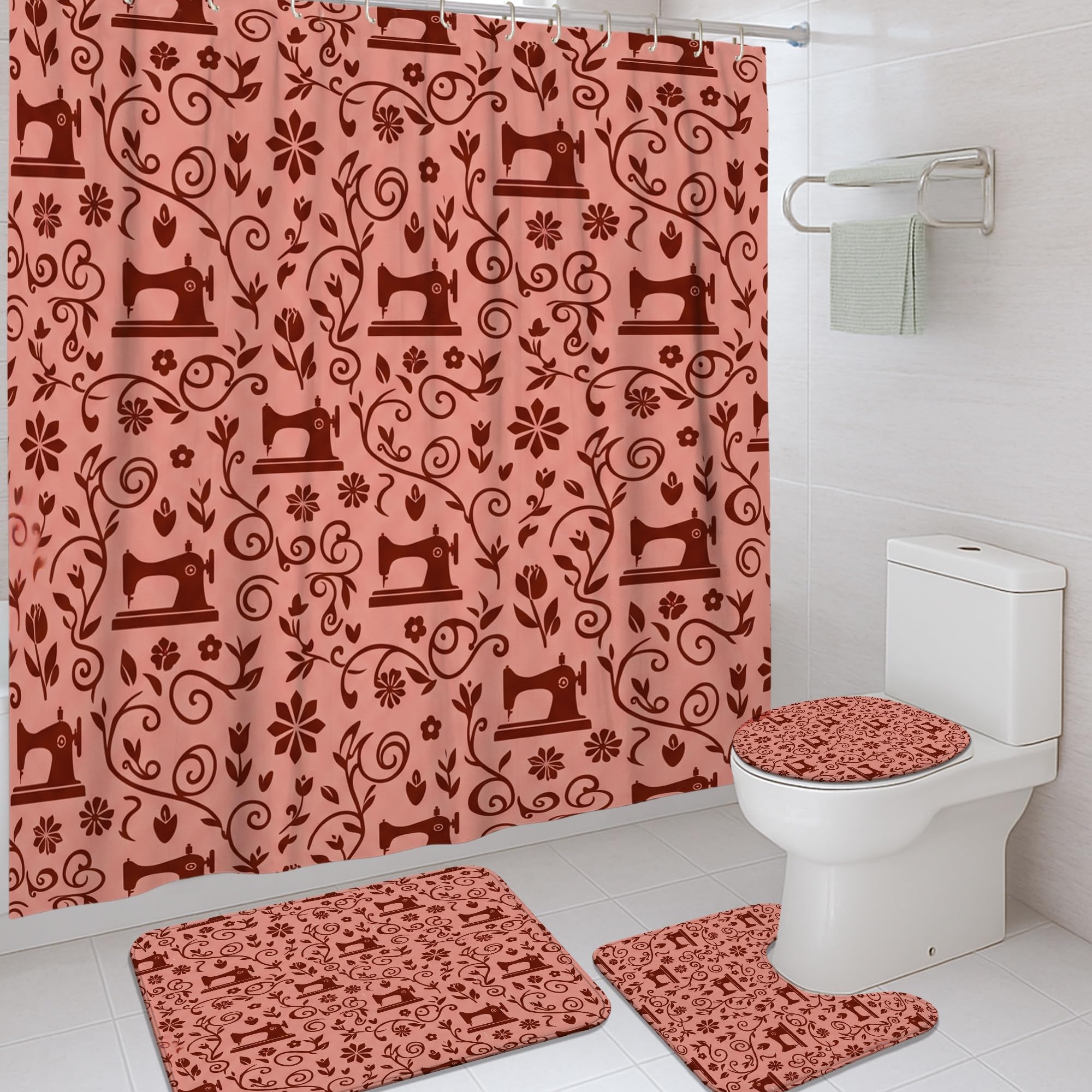 Rideau de douche anti-moisissure tissu imperméable motif floral et tapis 183x183