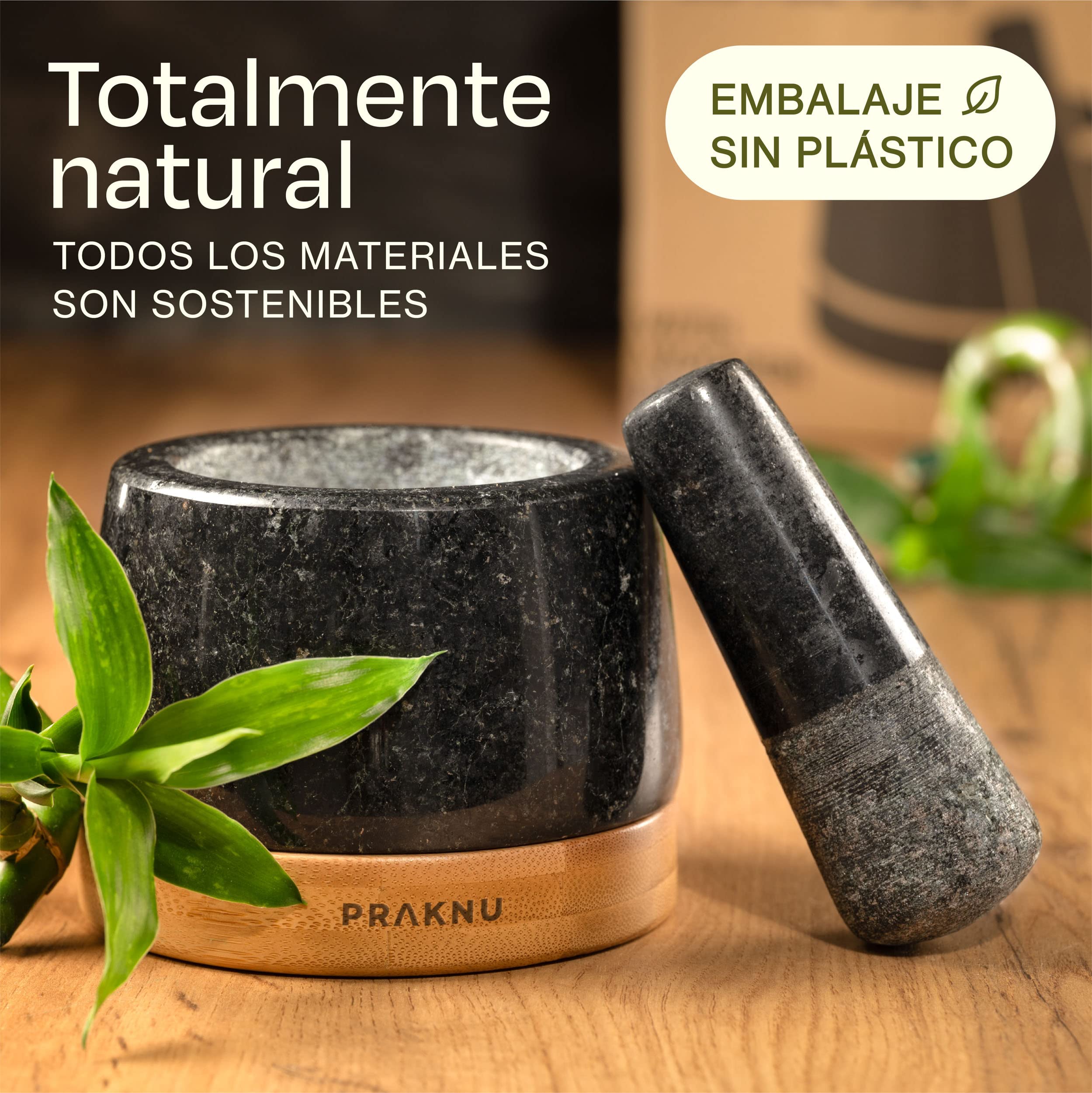 Praknu Mortero y Maja de Cocina pequeño - Granito Robusto y Duradero - Con Protector de Superficies de Madera Sostenible - 120 ml Capacidad