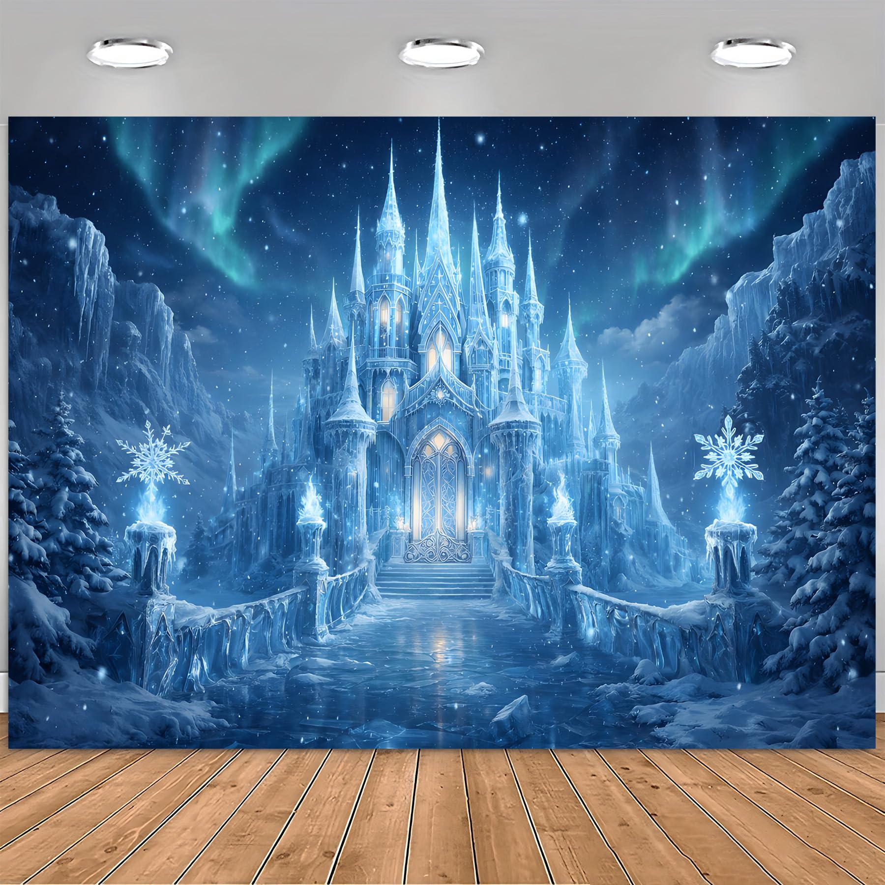 Dreamlike Ice Castle Backdrop, Blue AurorBorealis Ice Castle with Luminous Spires and Exquisite Architectural Details, Surrounded by Snowy Mountains, Ice Columns, and Decorative Snowflakes-image-4