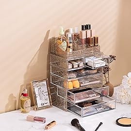 Sorbus Acrylic Makeup Organizer Set, 6-Drawer Vanity & Countertop Cosmetic Storage with Small & Wide Compartments, Glitter Makeup Storage for Brushes, Jewelry - Holiday Gift for Women & Teens