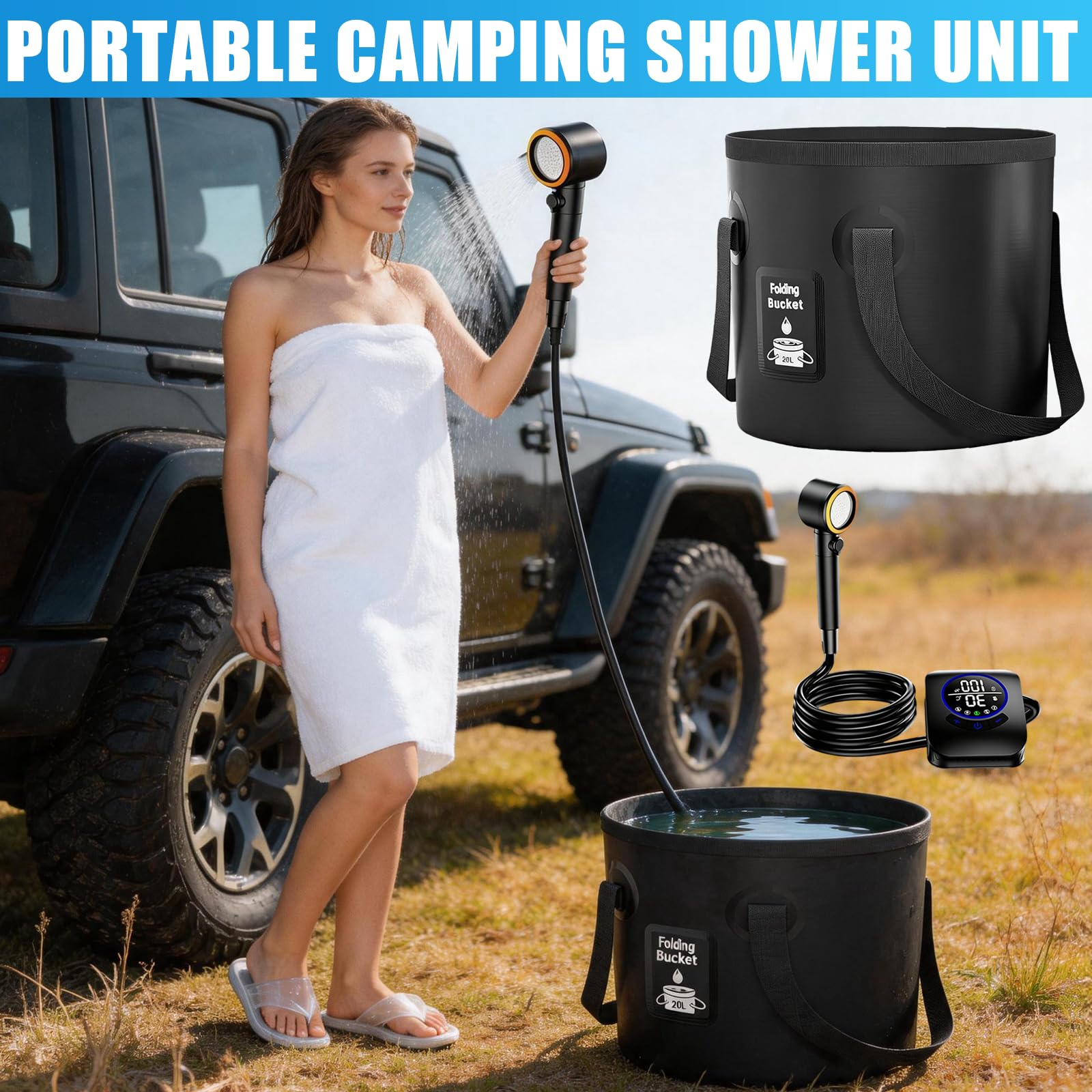 Douche De Camping Portable, Pompe De Douche 8000mAh avec Affichage De La Température Kit De Douche Mobile étanche IPX8 avec Pommeau De Douche Pliable Et Tuyau De 2 M pour Les Voyages