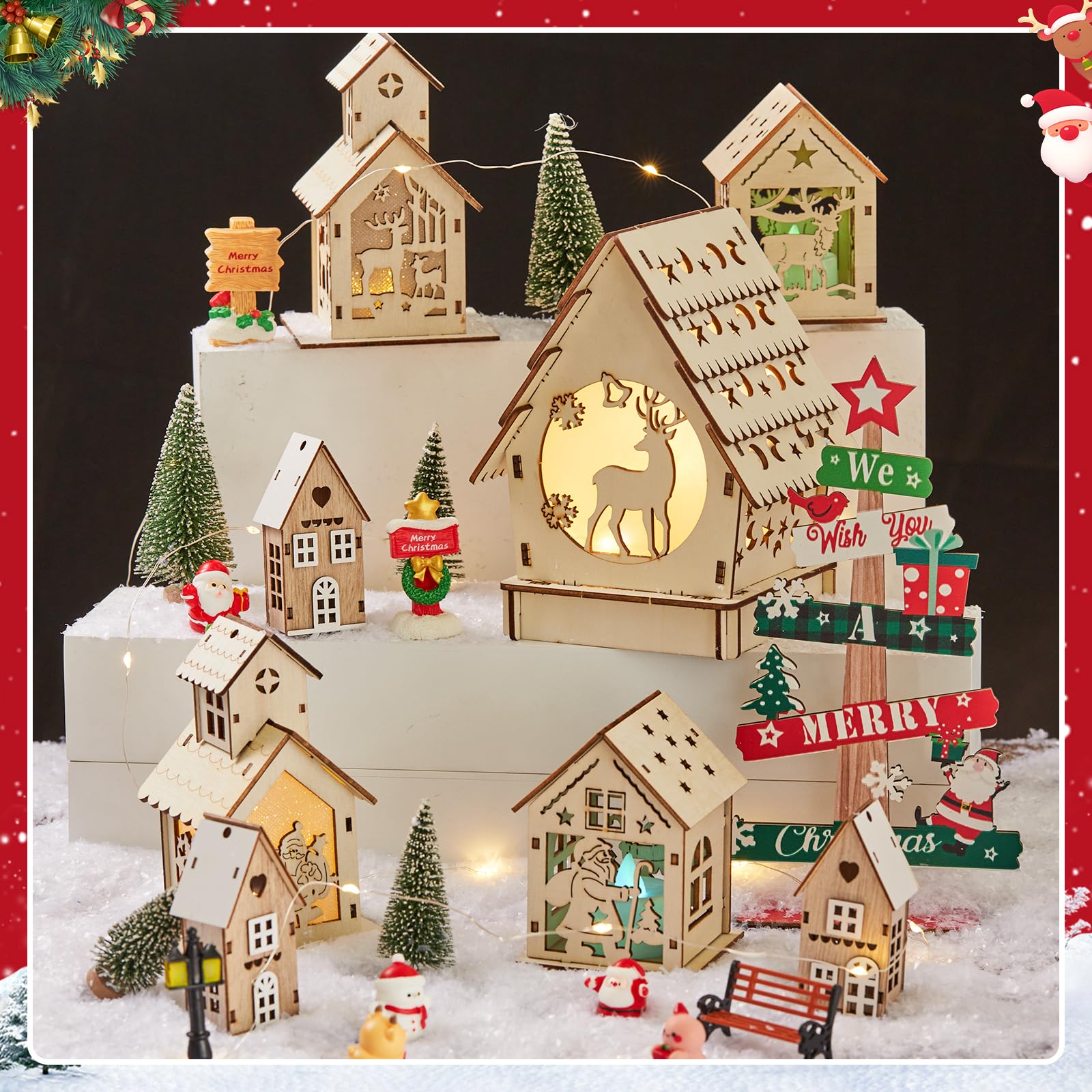 Amazon | クリスマスビレッジセット 29個 ライト付き DIY 木製