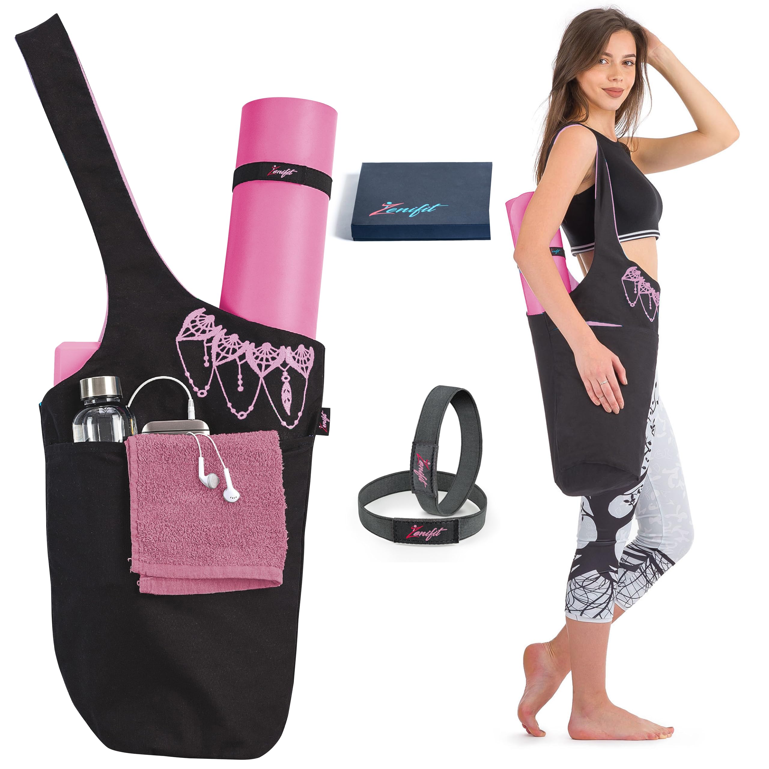 Zenifit Yoga Mat Bag - Long Tote with Pockets - Holds More Yoga Accessories. Cute Yoga Mat Holder with Bonus Yoga Mat Strap Elastics and Practical Yoga Mat Bags and Carriers (Black & Pink)-image-32