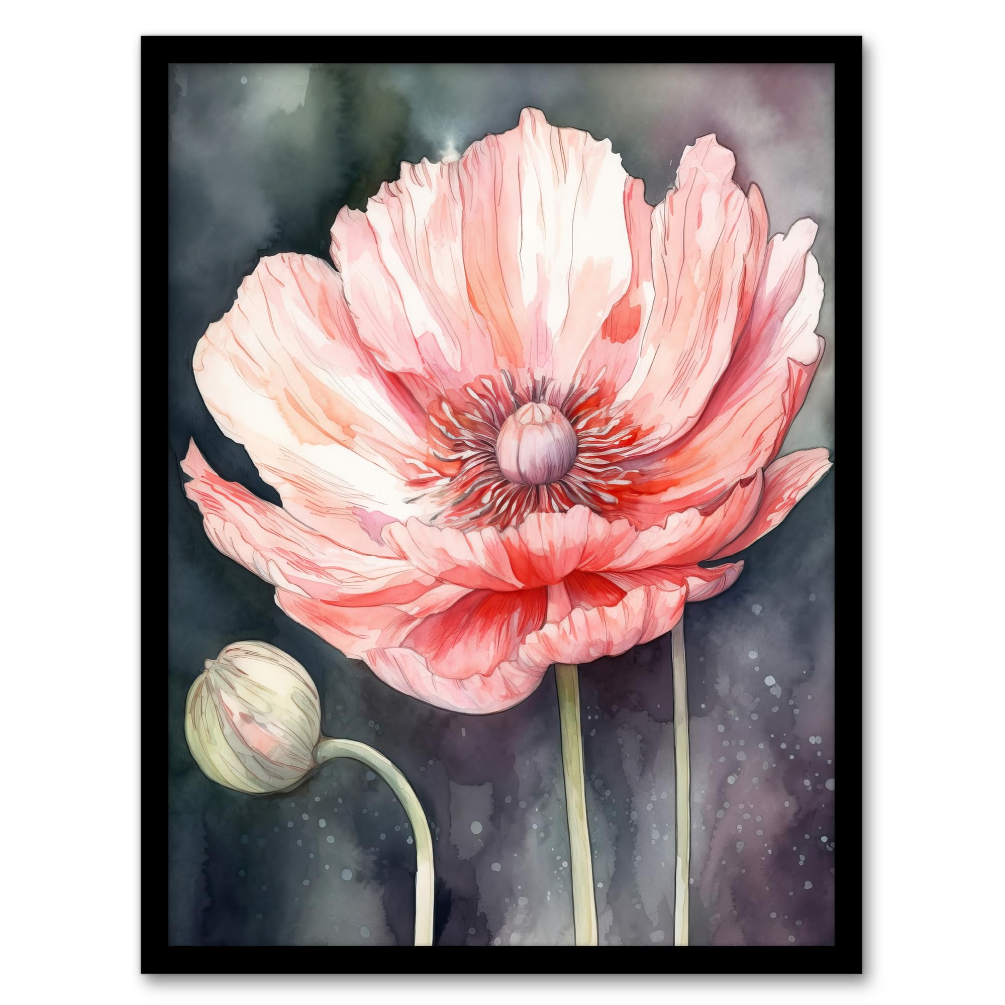 Artery8 Pink Poppy Flower Pastel Watercolour Painting Spring Bud And Bloom Close-Up Nature Colourful Bright Floral Modern Artwork Artwork Framed Wall Art Print A4