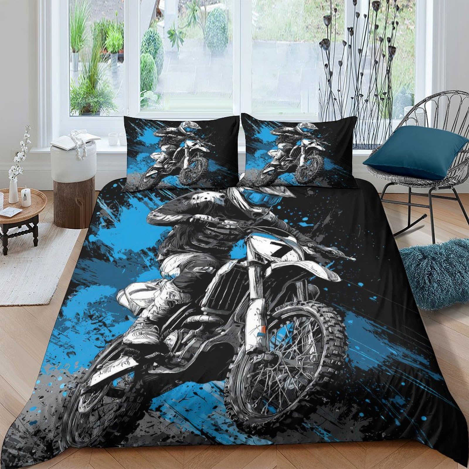 Ctjqhvkz Style-3 3D Printed Motocross Motorbike Fitted Sheet Microfiber Blue Black Bed Cover Anti-Slip Washable For Bedroom Dorm Mattress Protection Single（135X200cm）