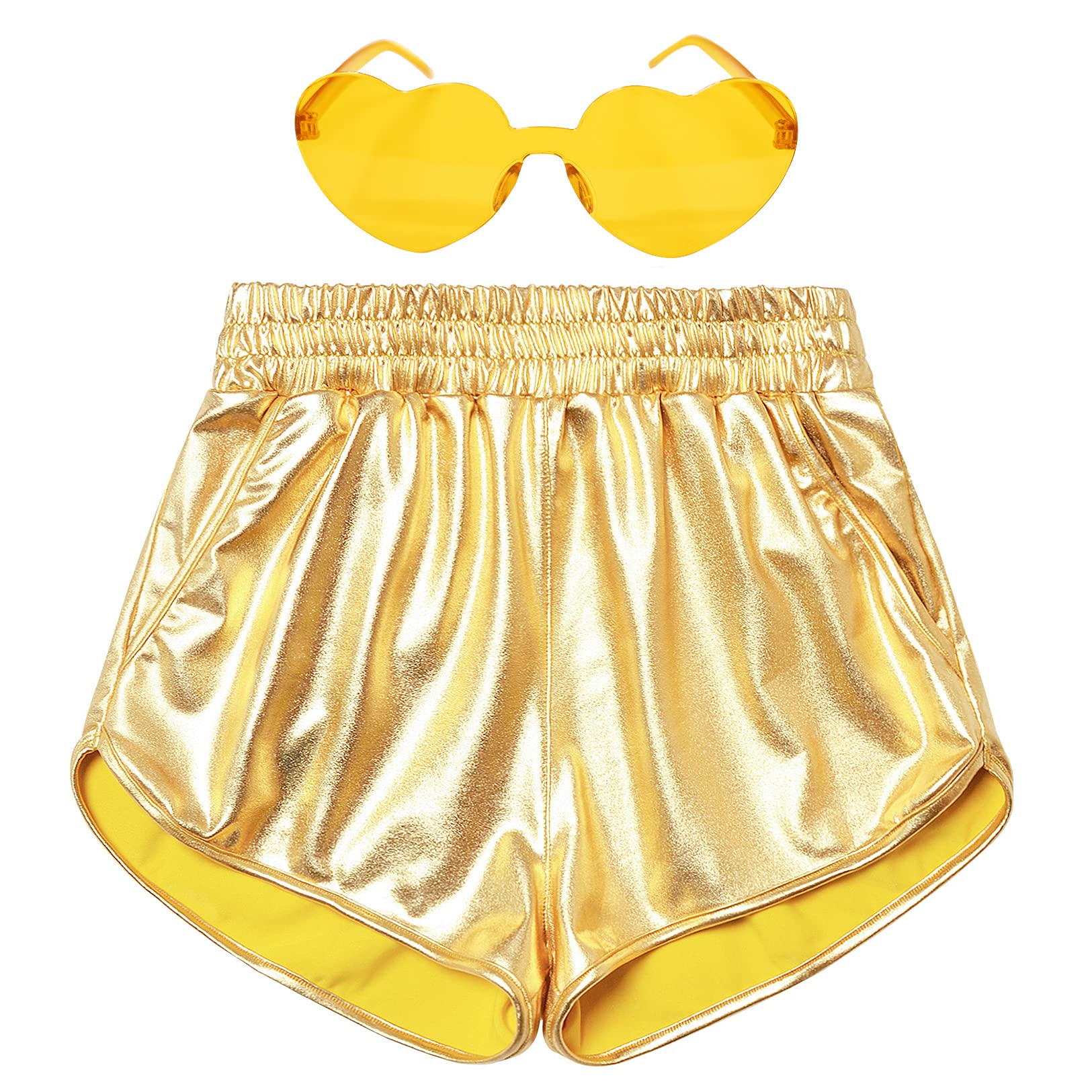 Mirawise Girls Metallic Shorts Shiny Hot Pants Sparkly Dance Outfits Short Pants with Sunglasses