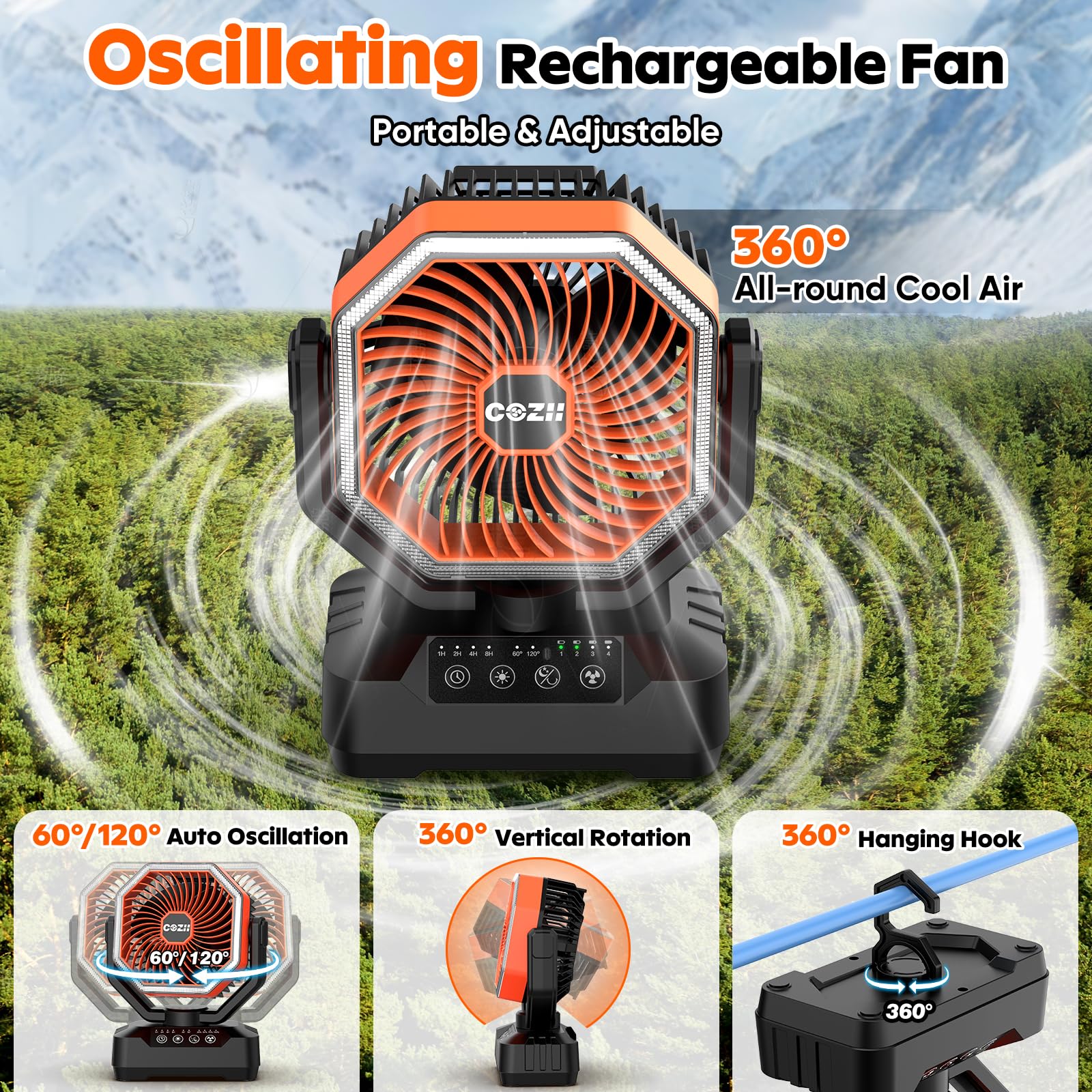 COZII Camping Ventilator 20000mAh USB Akku Tischventilator Oszillierend LED Licht Fernbedienung Haken Tragbar Leise
