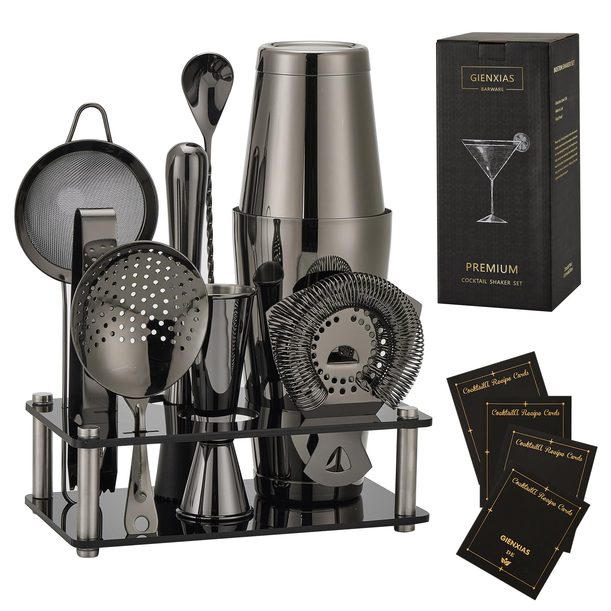 EMPATION Cocktail Shaker Set – 700 Ml, Edelstahl Schwarz – Mit Sieb, Jigger, Rezeptbuch
