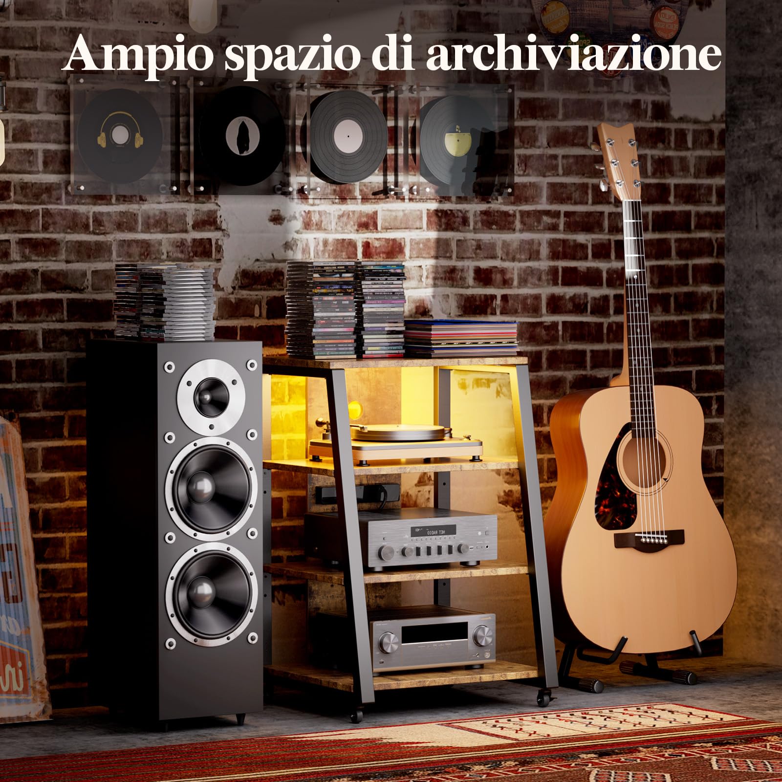 Lifewit Supporto audio a 4 livelli con prese elettriche e luci a LED, in legno e acciaio, per giradischi e impianti stereo e impianto compatto, marrone