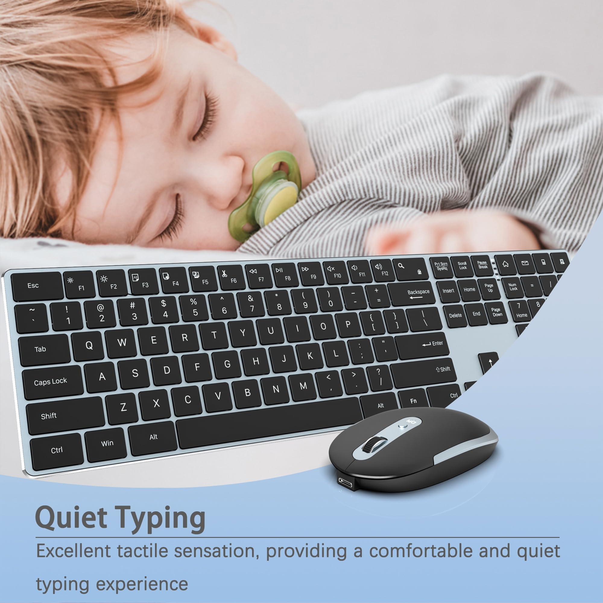 Wireless Keyboard and Mouse Combo - Ultra Slim- 2.4GHz Wireless Connection-Adjustable 1600 DPI Compact Silent Full Size Keyboard and Mouse Set for PC, Laptop (Blue-Black)