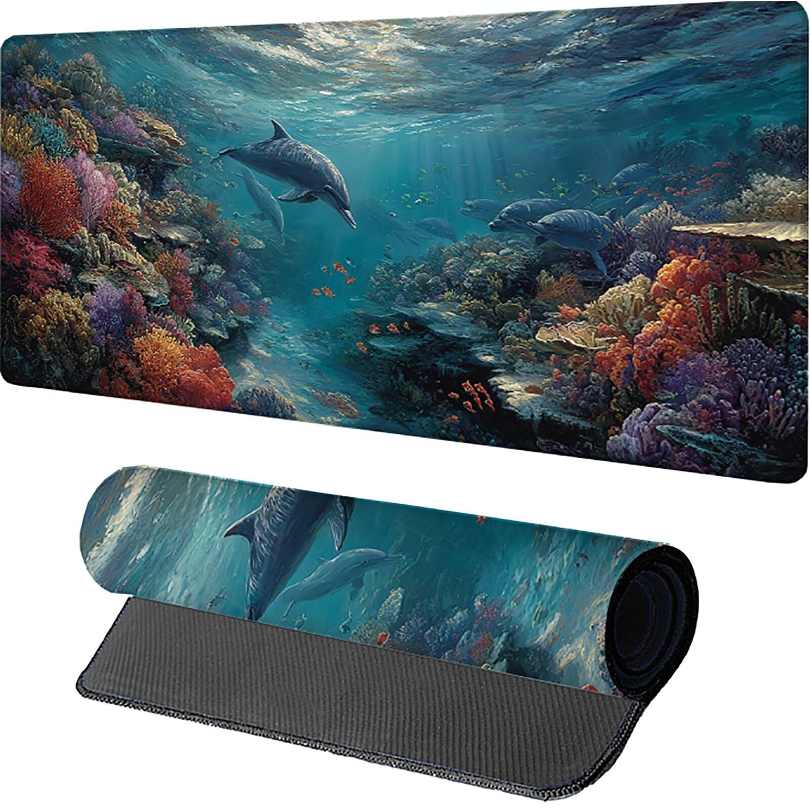 Podkładka pod mysz do gier Delfin 1000 x 500 x 3 mm, ocean XXL, podkładka pod mysz do biura, podkładka pod mysz z gumową podstawą, akcesoria biurowe, mysz ze szwami na krawędziach, dla graczy, K-7548