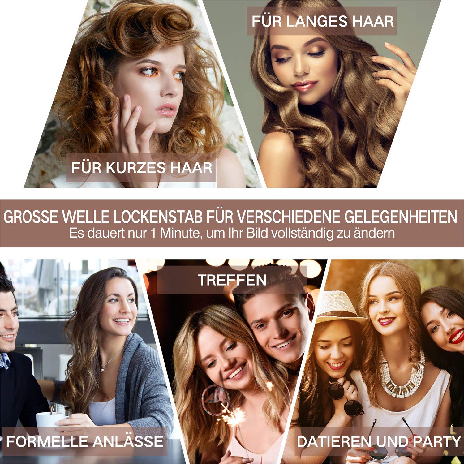 3 Fässer welleneisen, TOP4EVER lockenstab mit 3 stäben mit einstellbarer Temperatur, Welleisen Schnelle Heizung Große Welle für Lange/kurze Haare, Haar Styling Werkzeug 22mm