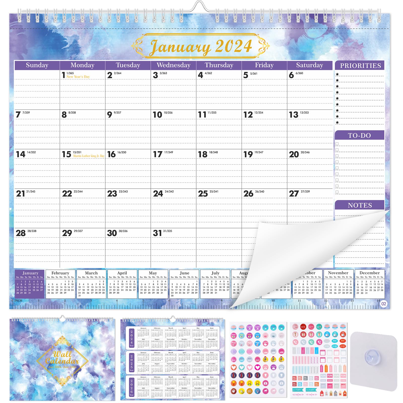 NiHome 2024-2025 Large Wall Calendar with DIY Stickers & Adhesive Hooks, 14.8"x11.5" 18-Monthly Wall Calendar Jan. 2024-Jun. 2025, Detailed Planning Sections, Thick Paper & Robust Metal Wire Binding