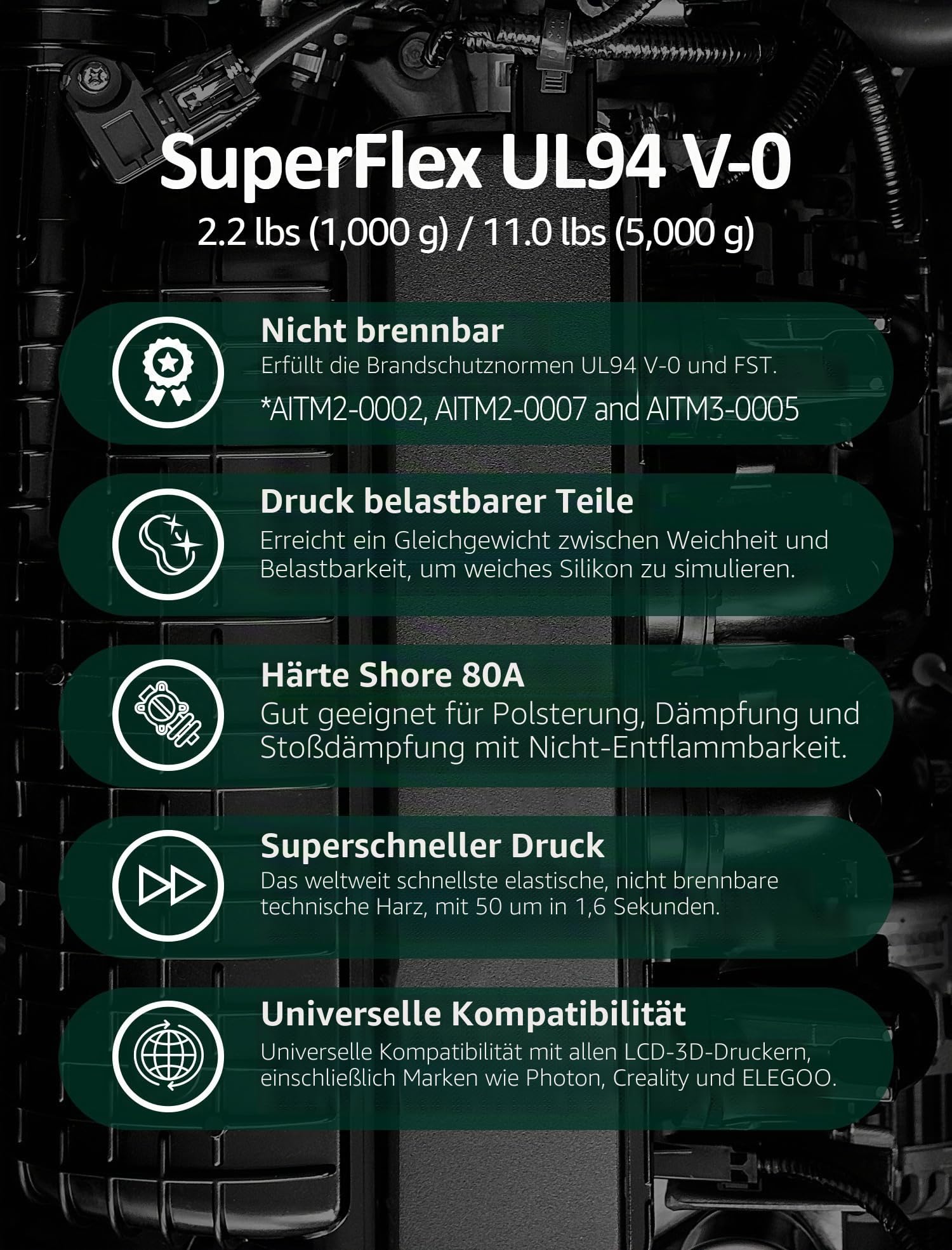 SuperFlex UL94 V-0 3D-Druckerharz Flammhemmend 80A, Korea (1000g, Schwarz)
