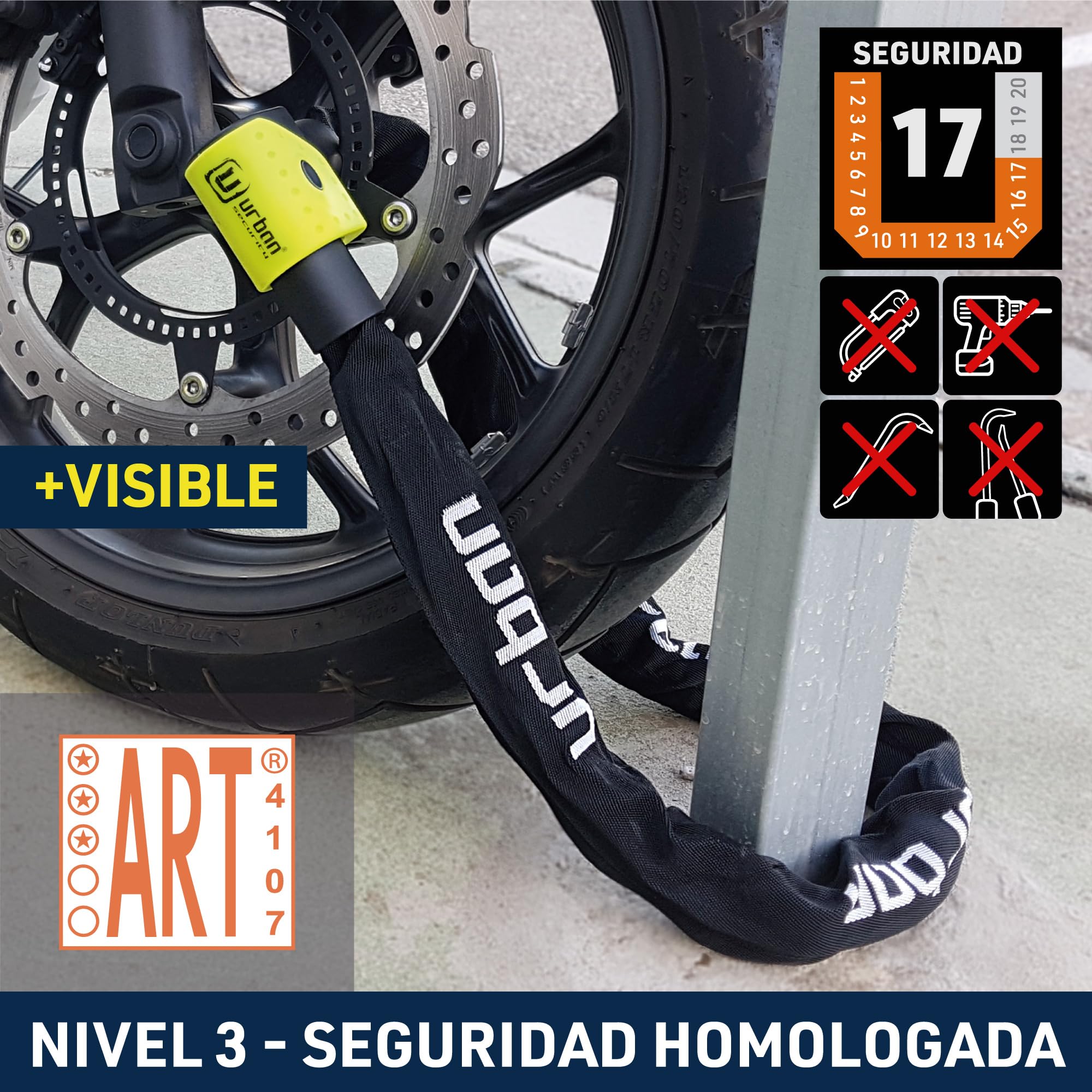 URBAN 10K170 Candado Moto Alta Seguridad, Cadena Antirrobo Homologada ART*** Recomendada Seguro Bicicleta, Testado Acero Endurecido ø10mm, Más Flexible Funda Nylon Protectora, Garaje Anclaje, 170cm