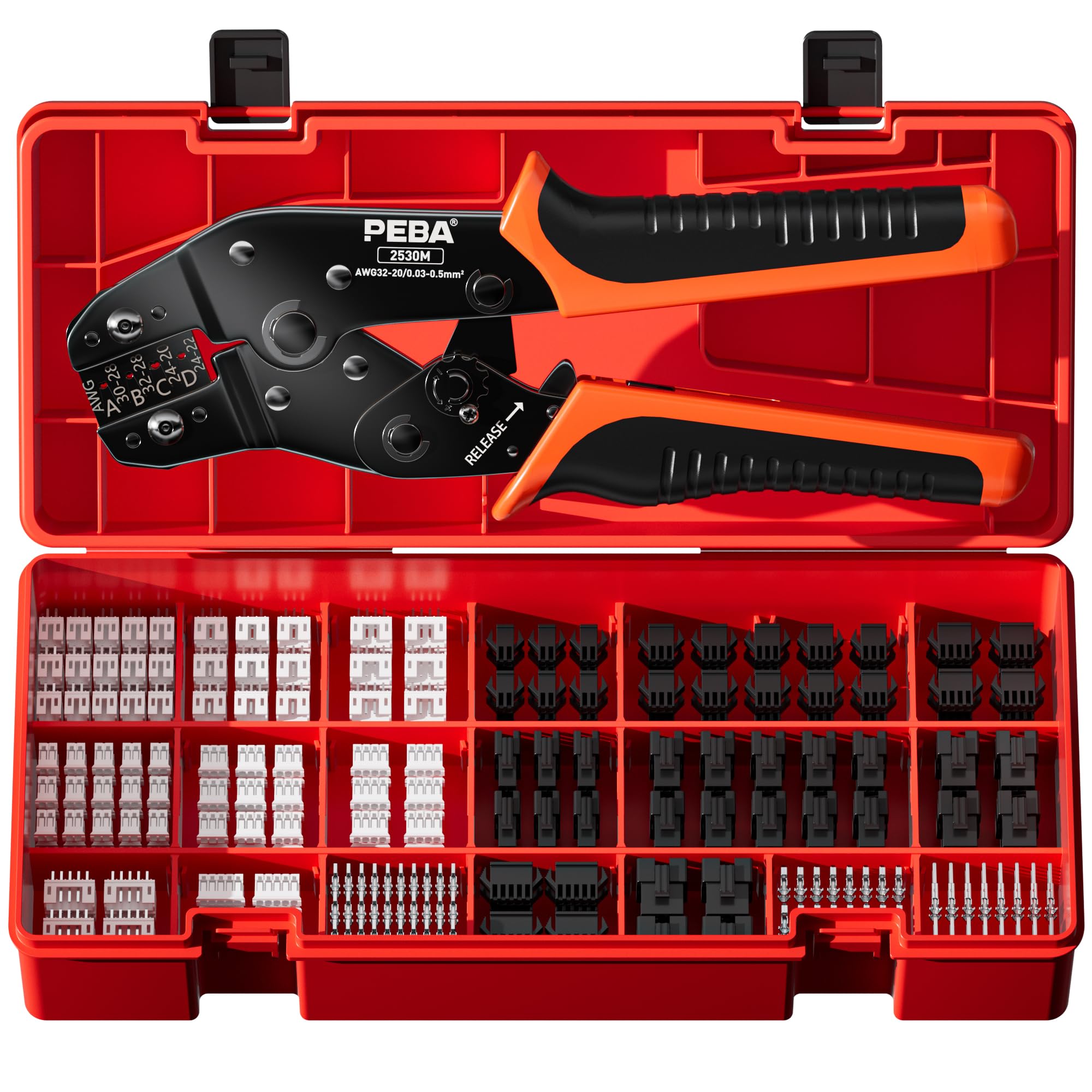 PEBA Crimping Tool and JST Connector Kit - 19 Types of 2.5 mm JST-XH Connectors & Crimp Pins, 2.5 mm JST-SM Housings and Contacts, for DIY Electronics - Suitable for AWG 32-20 Wires