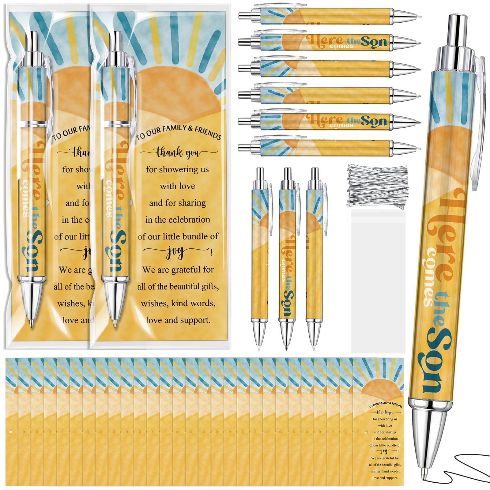 Dinifee 36 Sets Here Comes the Son Baby Shower Favors Bulk Includes Rolling Paper Ballpoint Pens and Greeting Bookmarks for Boho Sun Birthday Gender