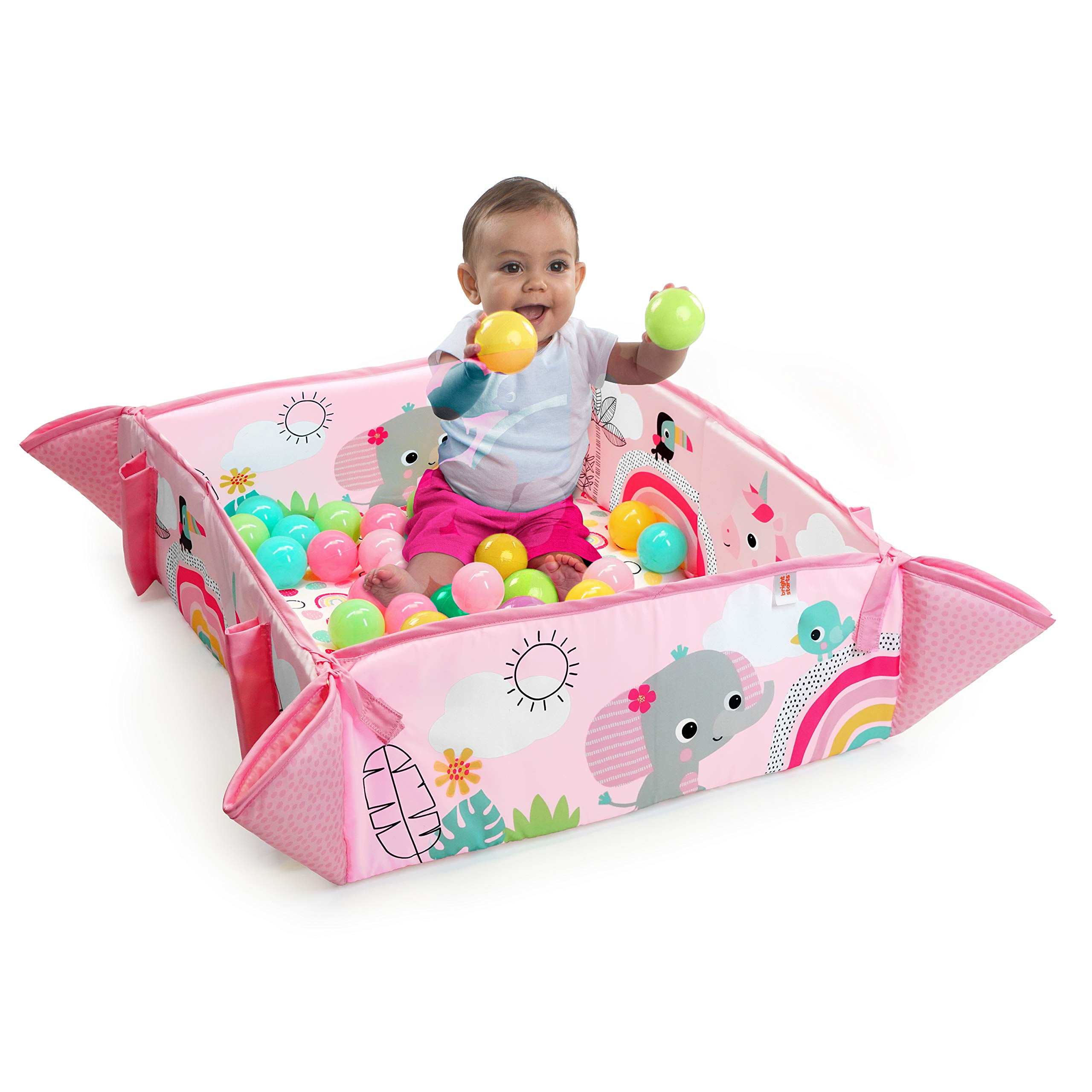 Bright Starts Gimnasio de actividades evolutivo 5-en-1 rainbow tropics, 7 juguetes, almohadilla para bebés, desarrollo de las habilidades motoras, Rosa Claro, 43 Unidad (Paquete de 1)