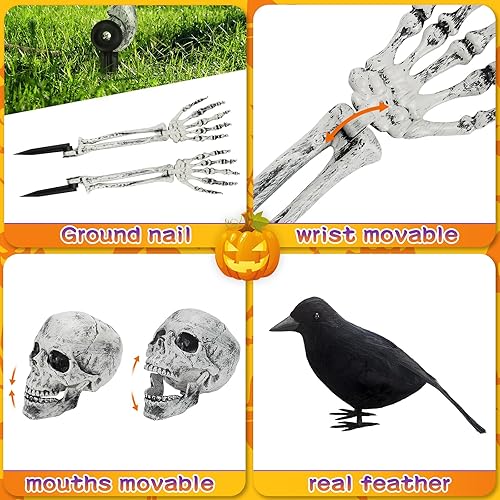 Miniatura 4 de BAYSING Decoraciones de Halloween al aire libre, estacas de esqueleto, cabeza de calavera aterradora realista y brazos con cuervo para patio,